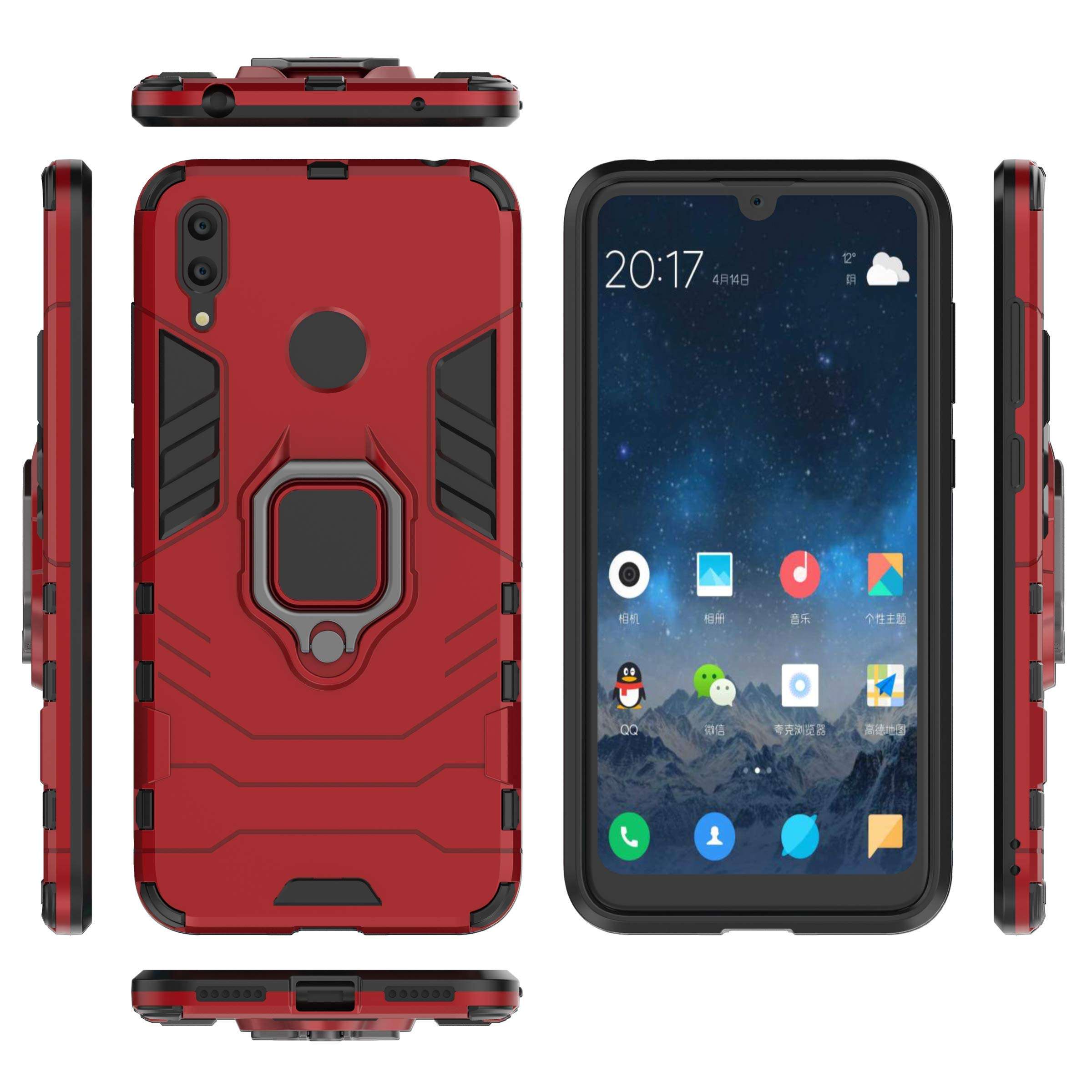 for Huawei Y7 2019 Case,Hybrid Heavy Duty Shockproof Armor Dual Layer Protection Defender Back Case Cover for Huawei Y7 2019 Tempered Glass Screen Protector (Black) (Red) 2