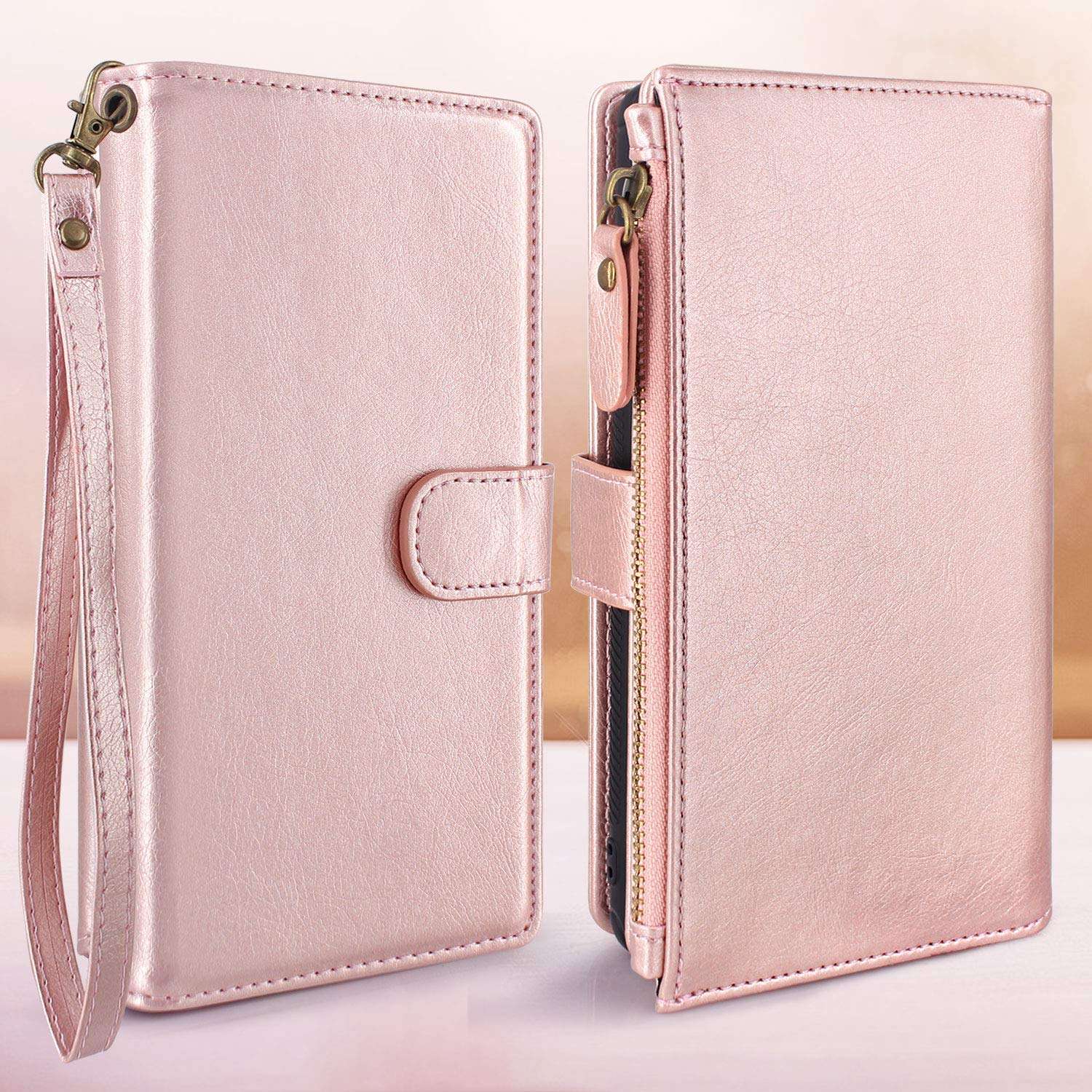 Harryshell Galaxy A01 Case, Detachable Magnetic Zipper Wallet Leather Case Cash Pocket with 12 Card Slots Holder Wrist Strap for Samsung Galaxy A01 (Rose Gold) 2