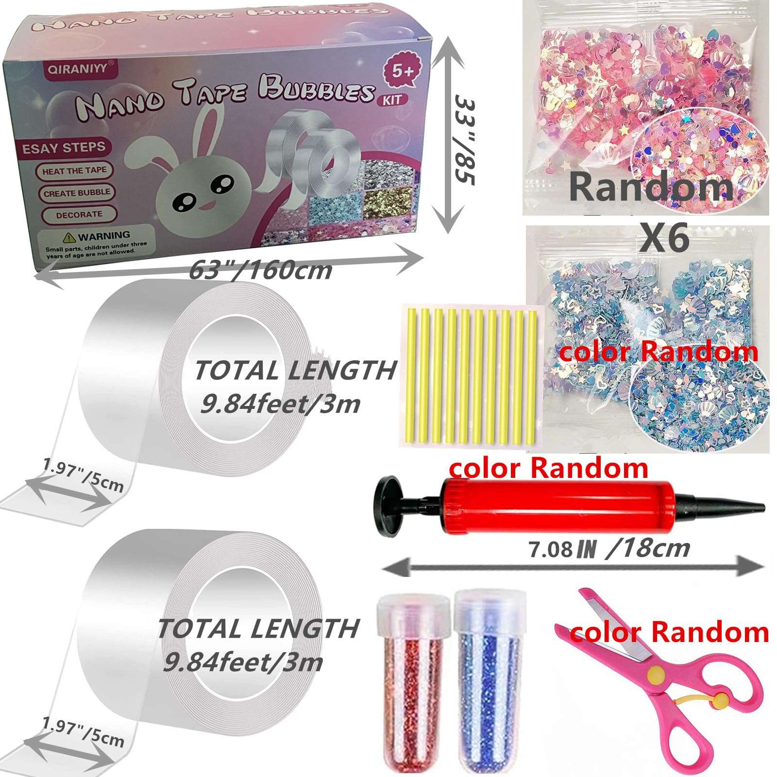 QIRANIYY Nano Tape Bubble Kit Nano Double Sided Adhesive Tape Bubbles Plastic Bubble DIY Craft Kit, Nano Tape Bubble Kit for Kids, Girls, Boys, 9.84Ft×2Pcs Clear Nano Tape DIY Kit 3
