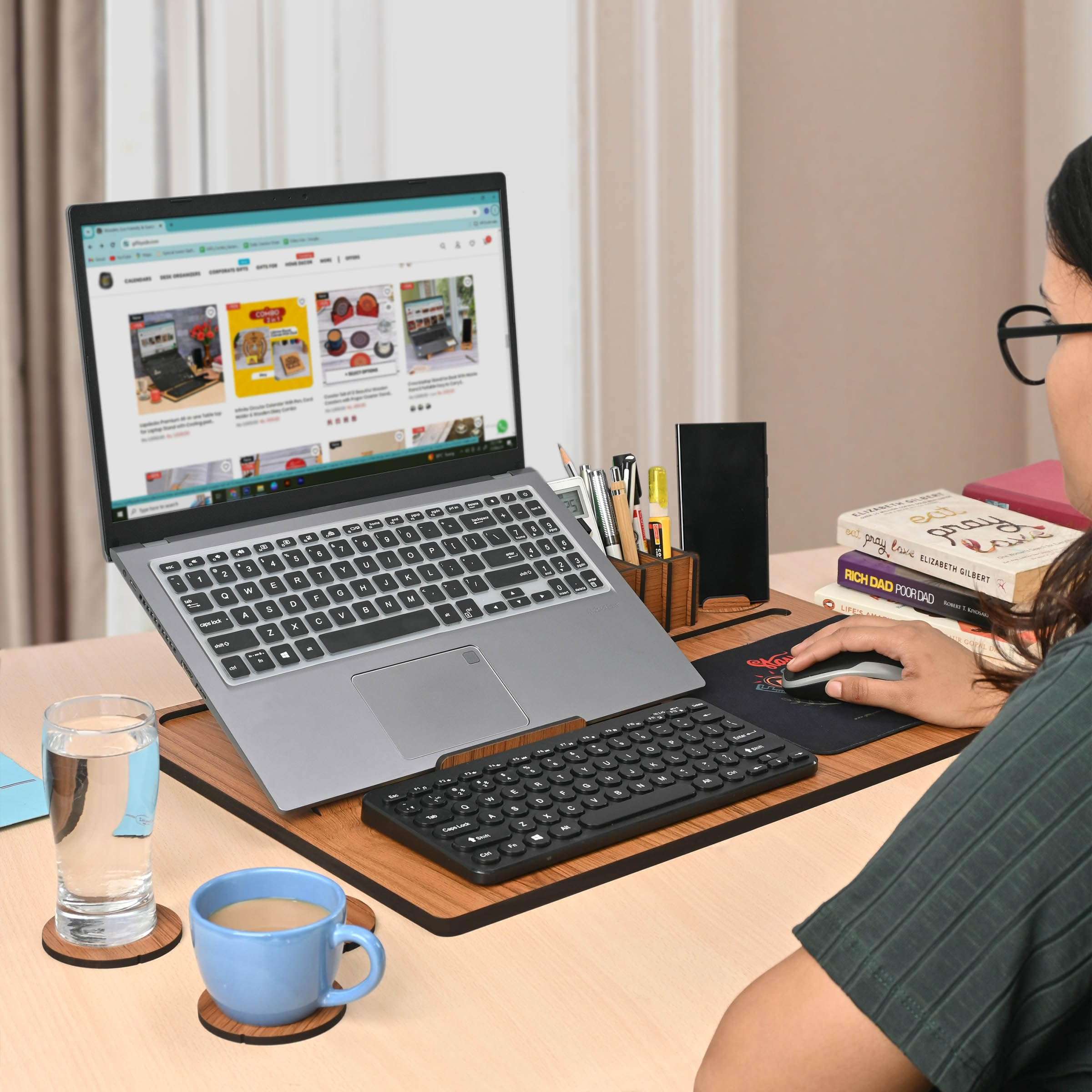 GKD Lapdesks Premium All-in-one Table top for Laptop Stand with Cooling pad Keyboard and Mouse pad Mobile Stand Stationary Desk Organizers and Coaster Set (All in One - Dark Wood) 1