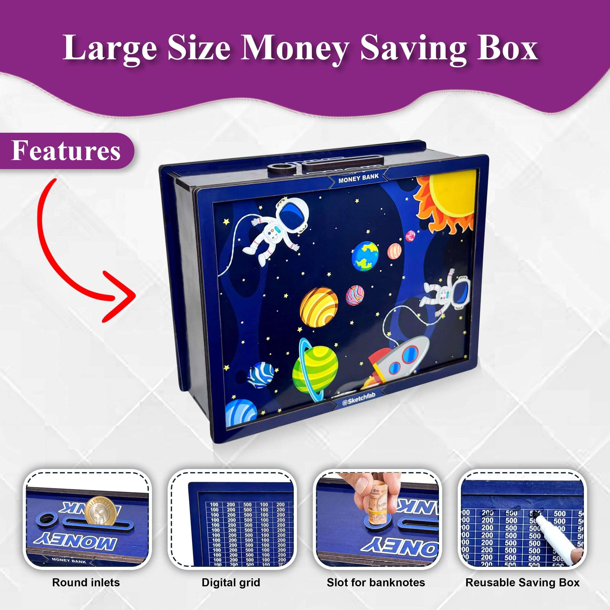 Sketchfab Money Saving Box for Adult 100000, Wooden with Savings Tracker Bank Kids, Smart Piggy Bank, Box, Coin Box,Gullak Saver,Piggy Rs100000 Home Deal Gift Man, Women (Space) 5