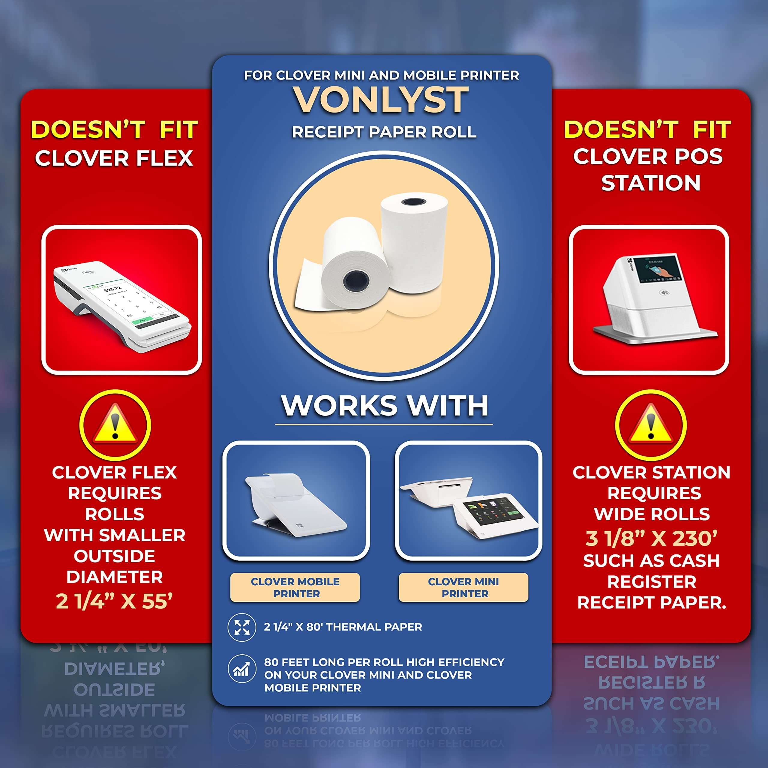 Vonlyst Receipt Paper for Clover Mini and Clover Mobile Thermal Printer 2 1/4 x 80 (10 rolls) 2