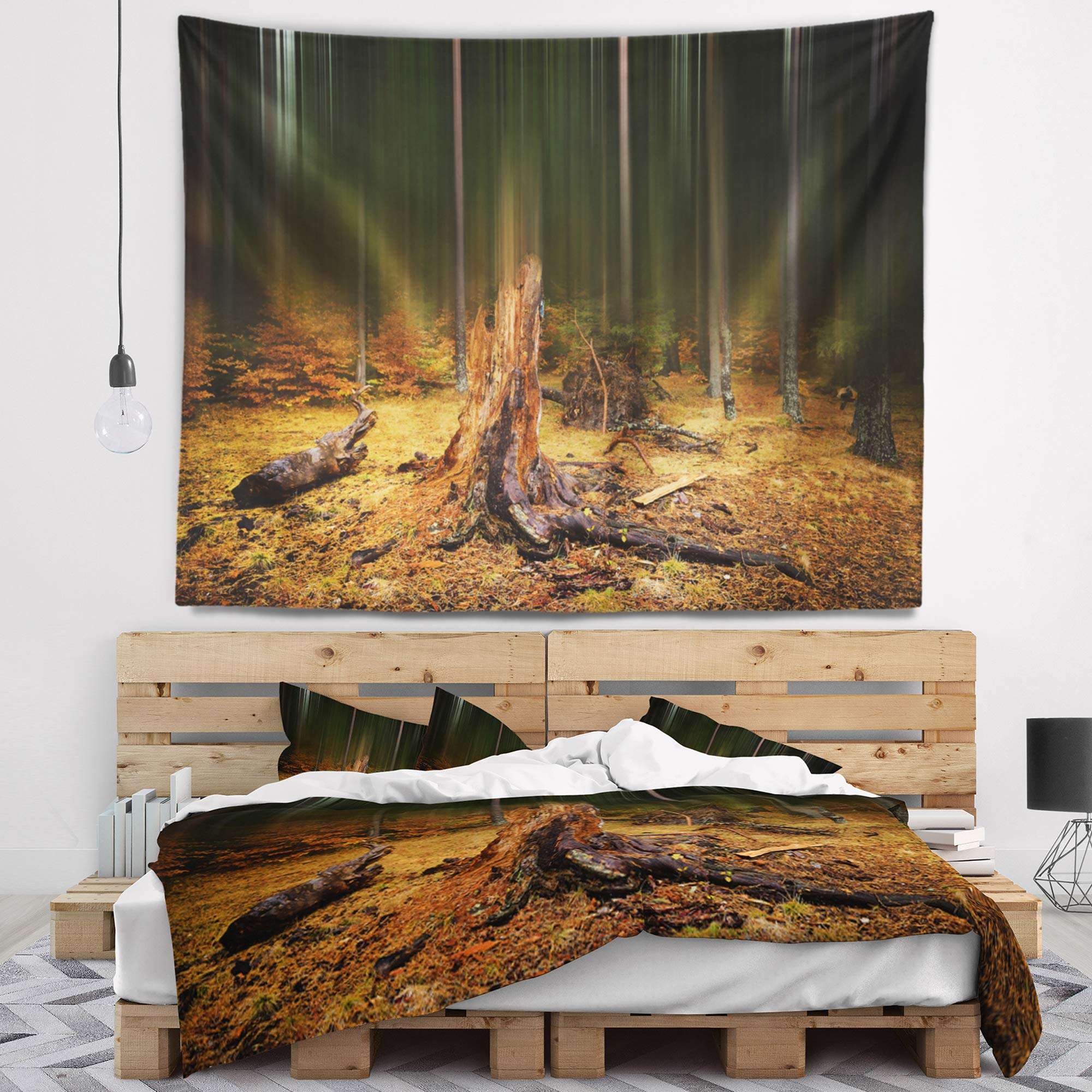 Designart ' Dark Fall Forest on Foggy Morning' Landscape Tapestry Blanket Décor Wall Art for Home and Office, Created On Lightweight Polyester Fabric Medium: 39 in. x 32 in 1