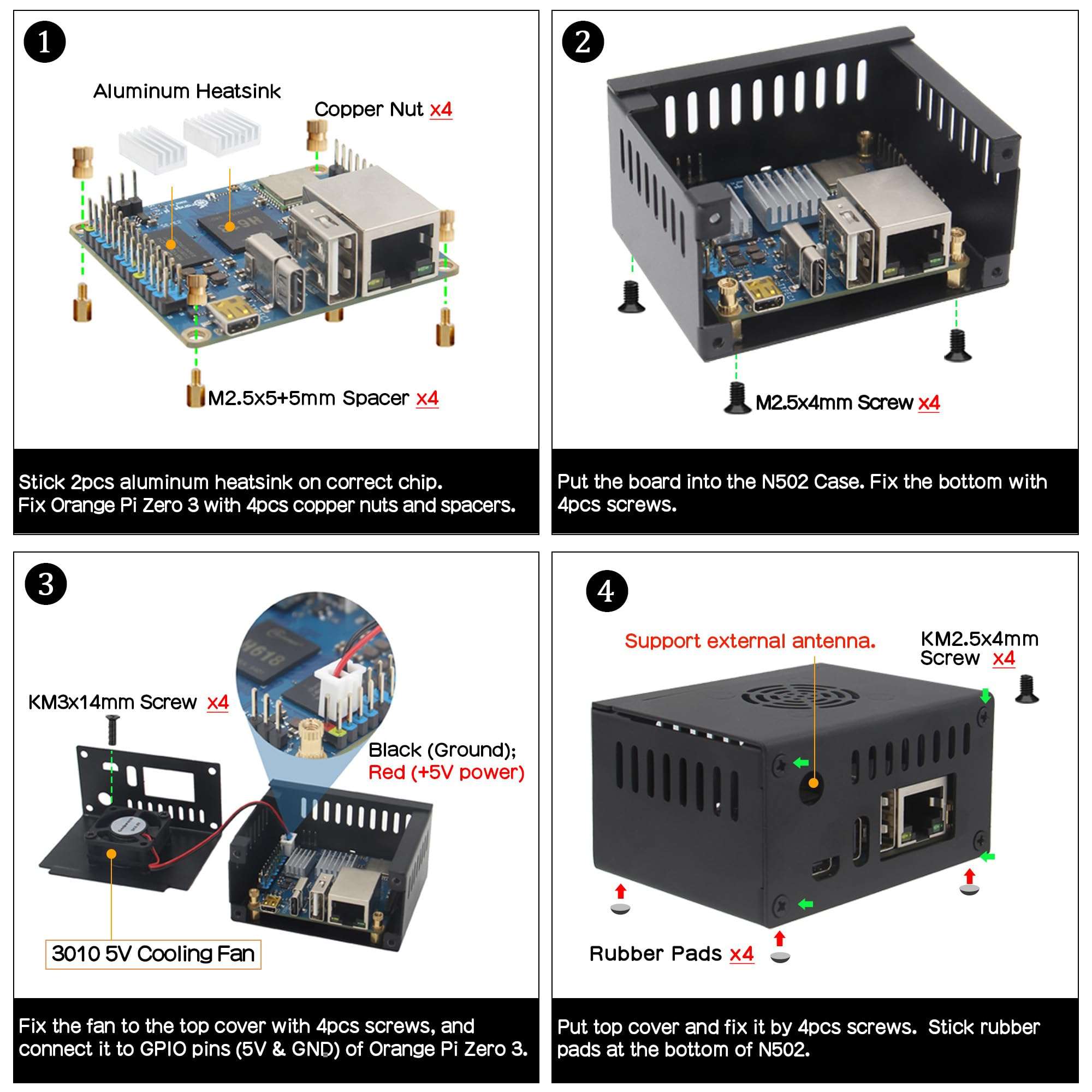 eleUniverse N502 Metal Case with Cooling Fan and Heatsinks + 20W 5V 4A Power Supply for Orange Pi Zero 3 4