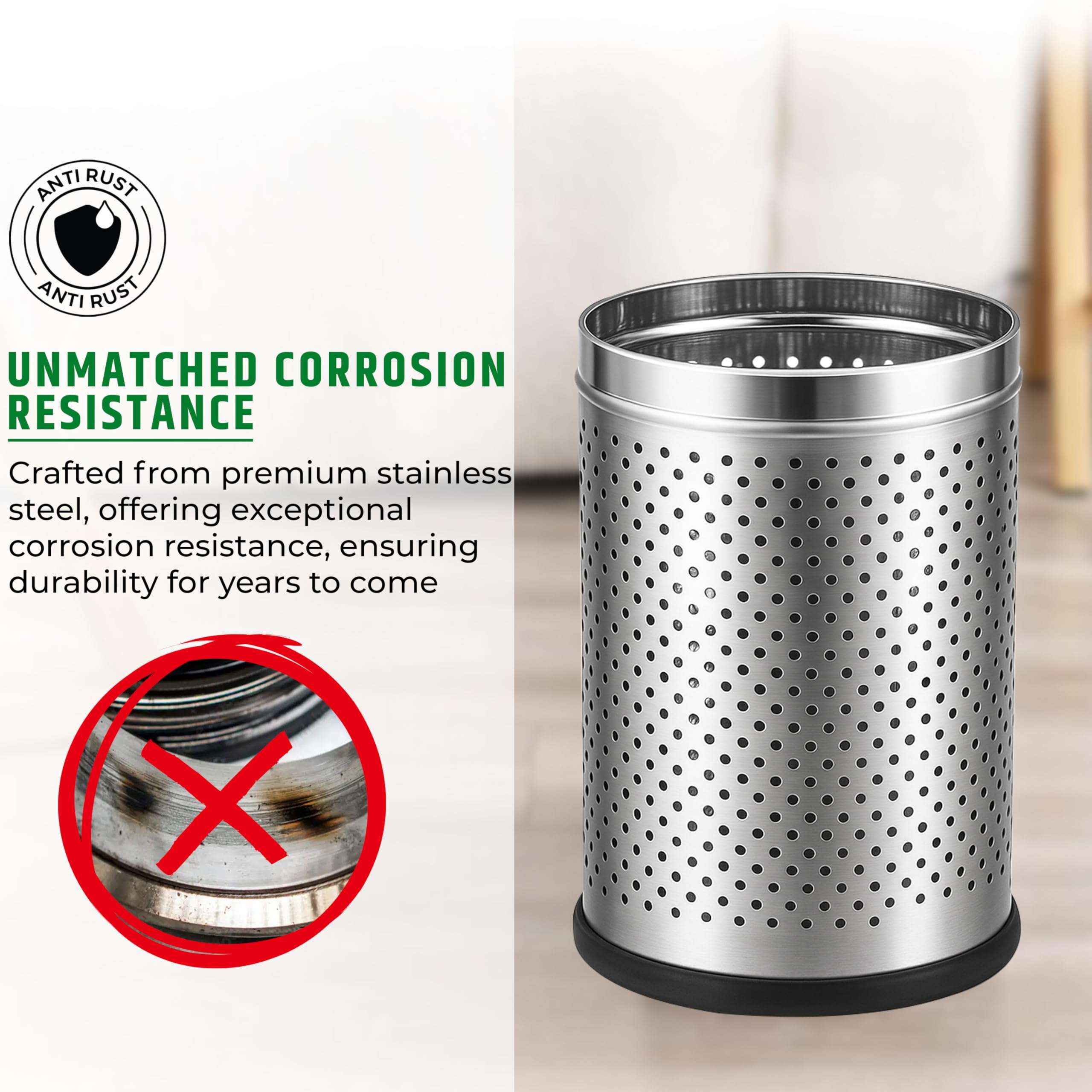 Robustt Stainless Steel Perforated Design Open Top Dustbin - 10L | 8 Inch (W) x 12Inch (H) Silver Trash Can with Anti-skid Base | For Bathroom, Bedroom, Kitchen & Toilet or Commericial Use - Pack of 1 6