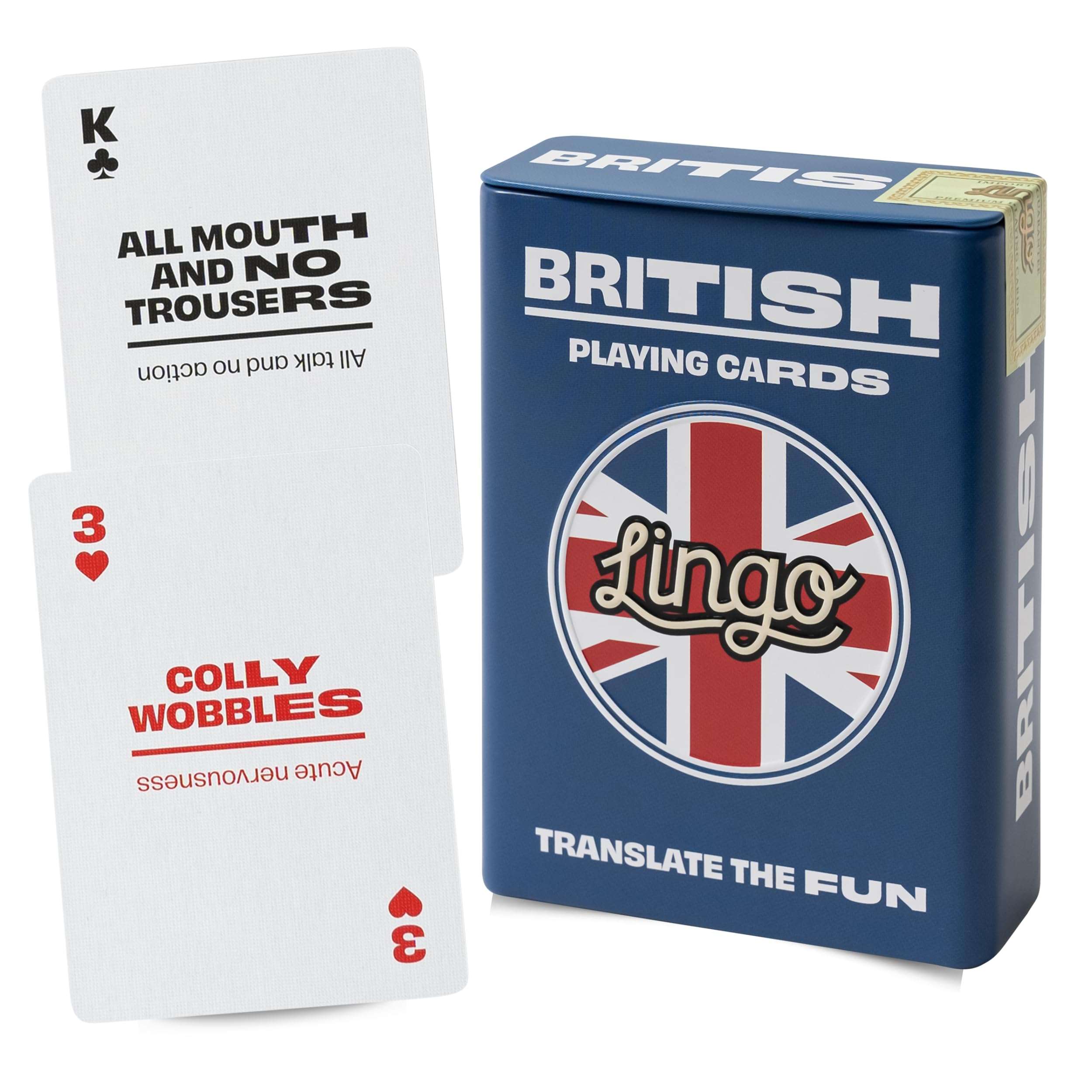 Lingo British Slang Playing Cards in Wayfarer Tin Box | Travel Flashcards | Learn British Vocabulary in A Fun & Easy Way | 52 Essential Translations