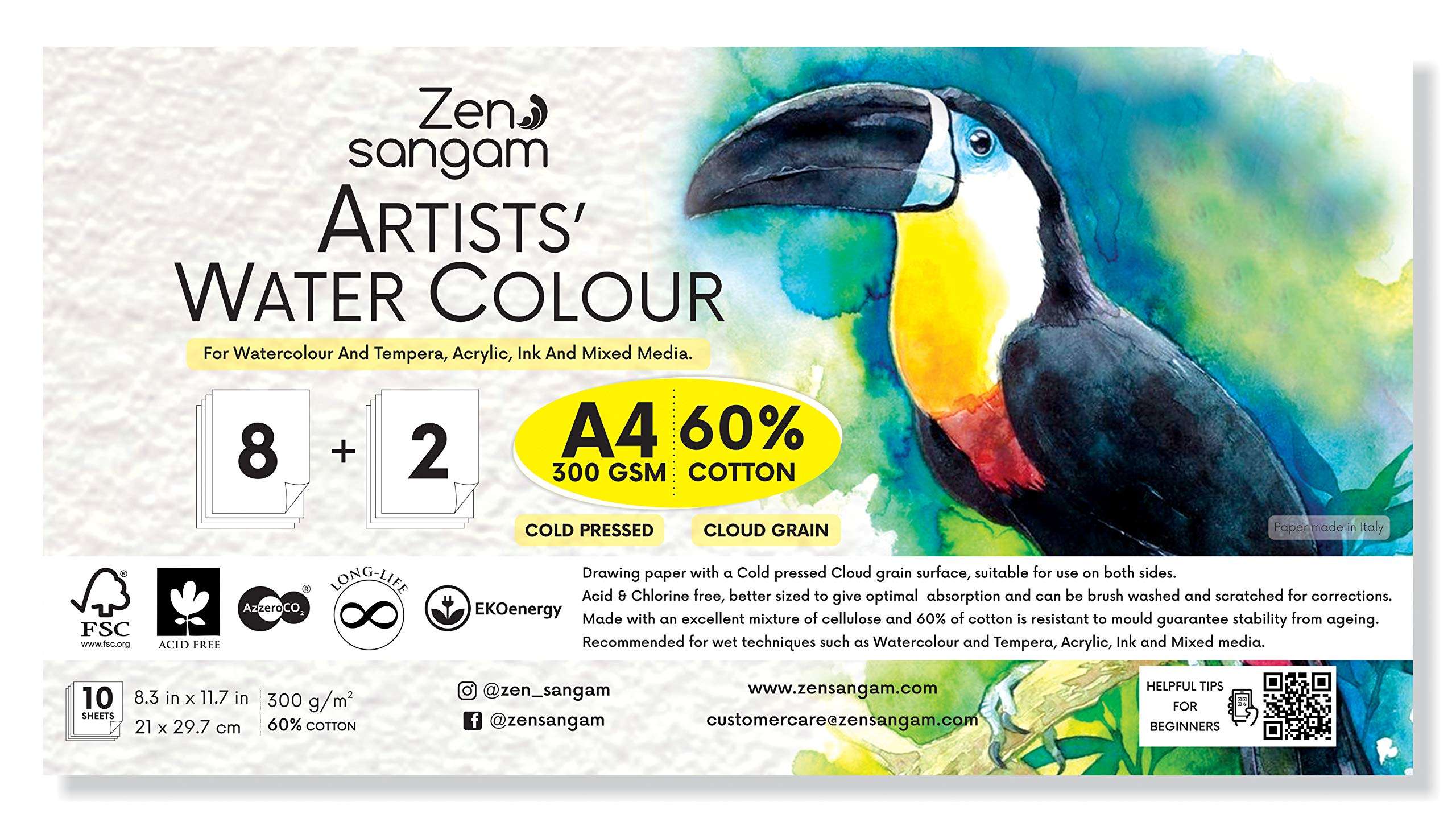 Zen Sangam Express your Mind 300 GSM 60% Cotton Cold Pressed Cloud Rough Grain Surface A4 Watercolor Papers For Wet on Wet Watercolour, Gouache, Acrylics, Ink and Mixed Media (10 Sheets, 29.7x21cm) 1