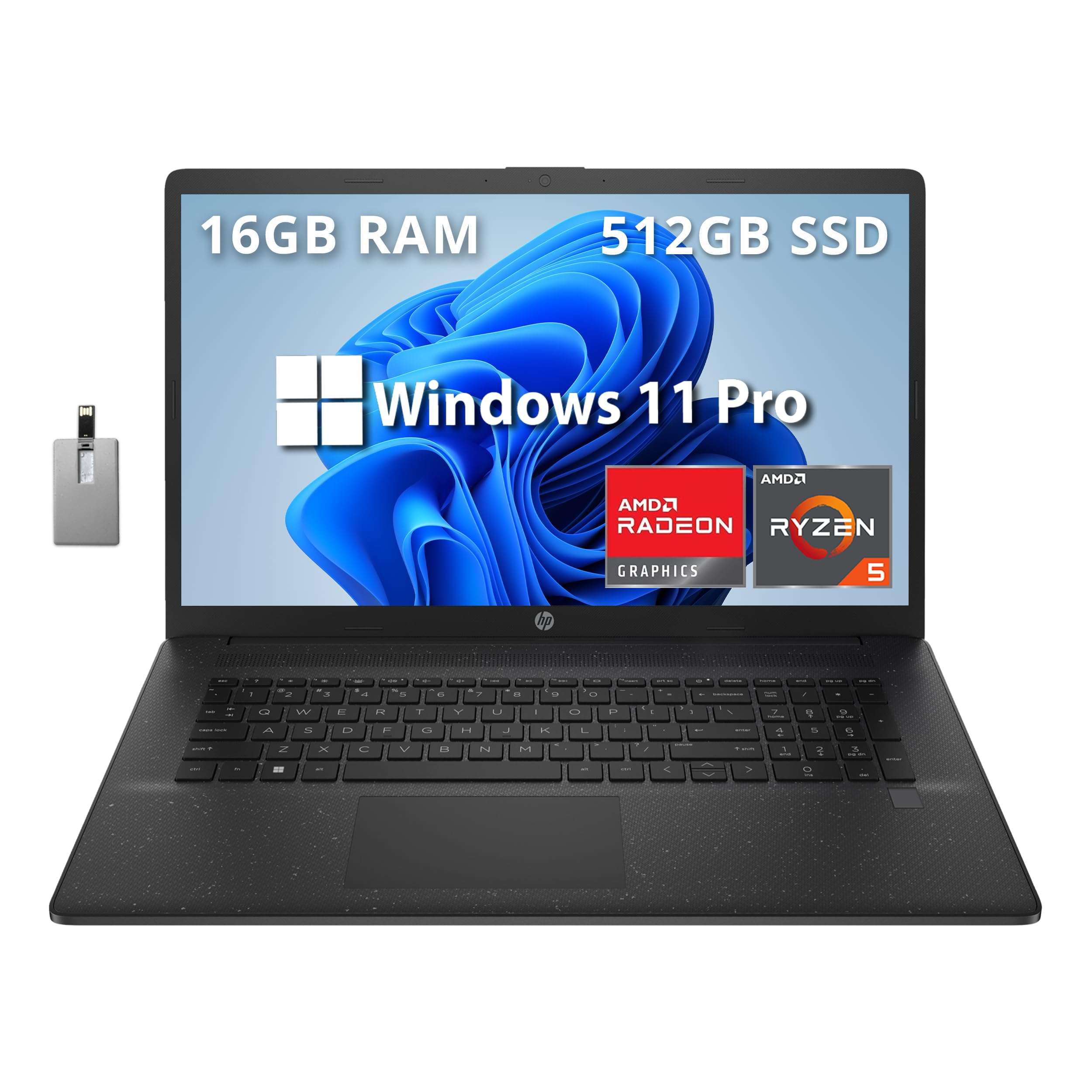 HP 17.3" HD+ Business Laptop, AMD Ryzen 5 5625U Processor, 16GB RAM, 512GB PCIe SSD, Fingerprint Reader, 720p HD Camera, Wi-Fi, HDMI, Win 11 Pro, Black, 32GB Hotface USB Card 1