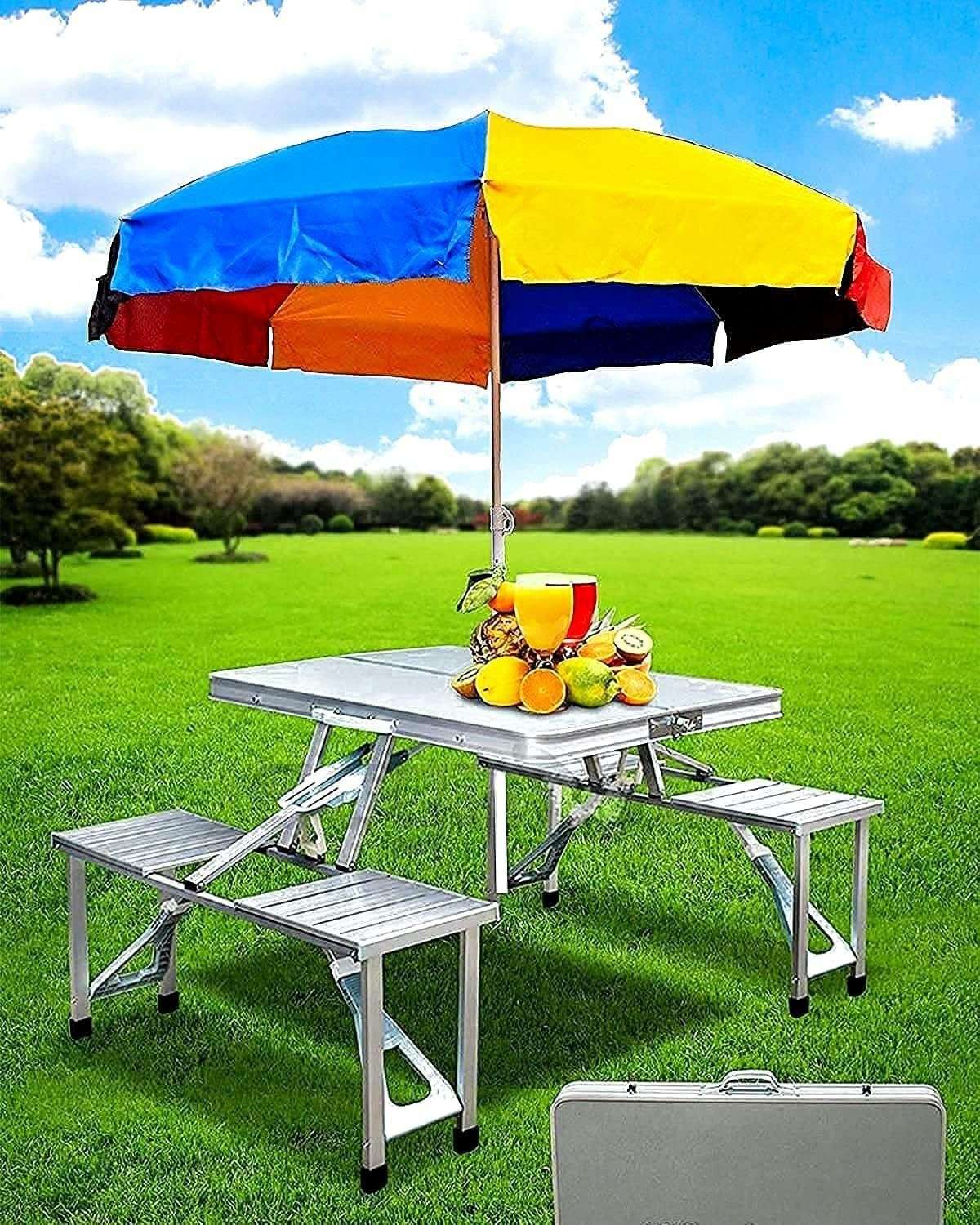 COYRASTH Picnic-Table-Heavy-Duty-Aluminium-Portable-Folding-Camp-Suitcase-Picnic-Table-and-4-Chairs-Set-with-Umbrella