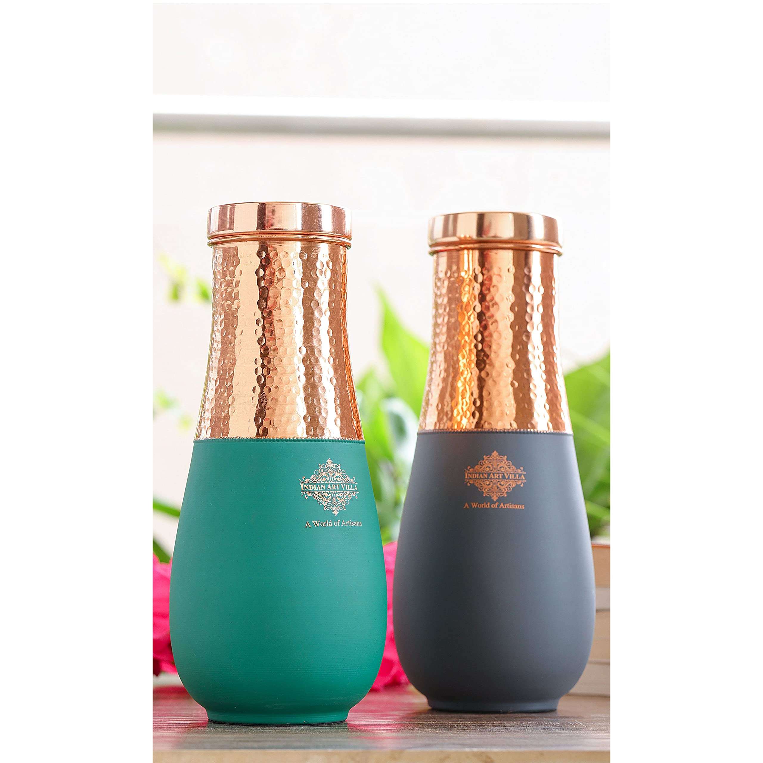 INDIAN ART VILLA Pure Copper Half Hammered and Gray & Green Silk Finish Vase Shape Bedroom Bottle, Volume 1425 ML - Pack of 2 3