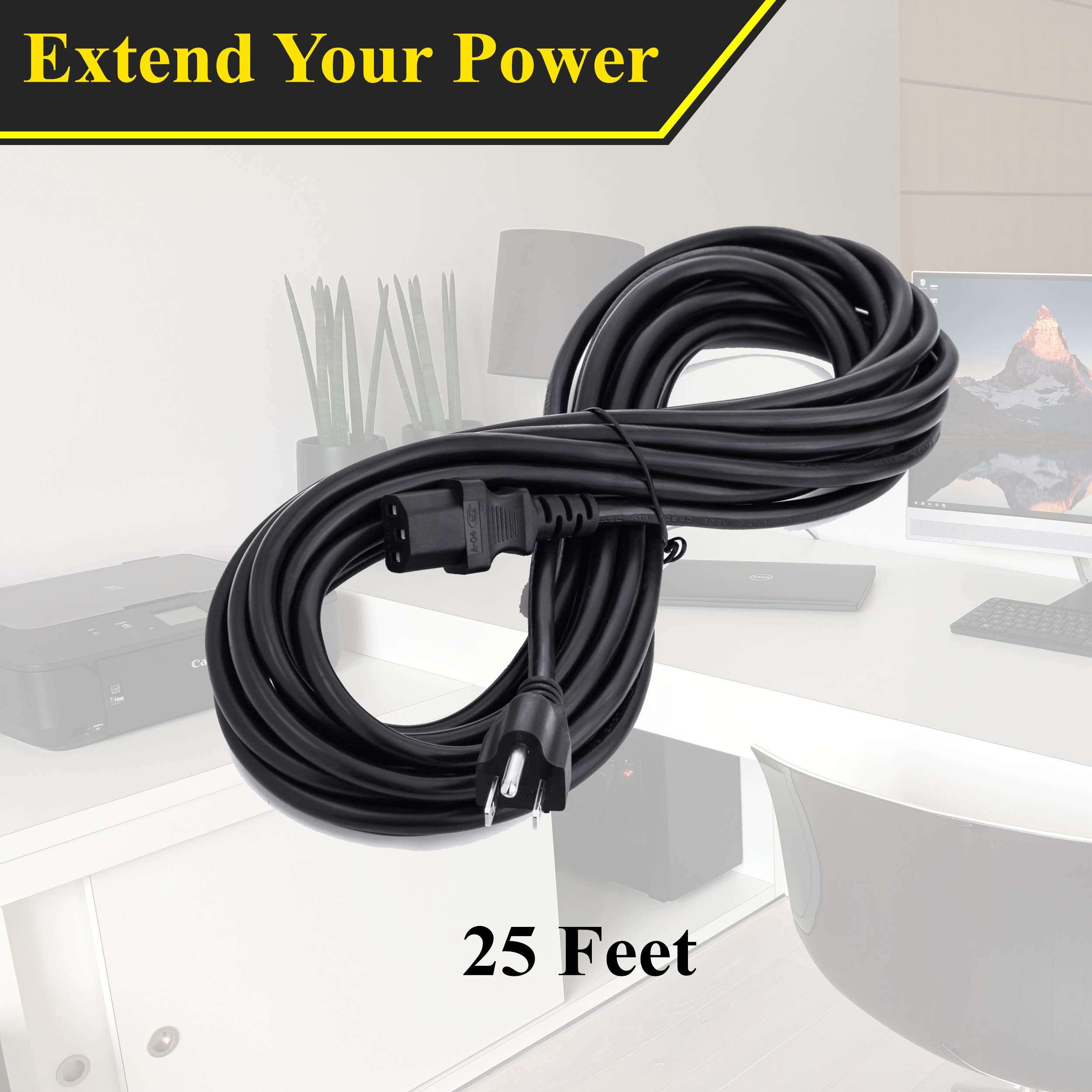ClearMax 25 Feet Universal Power Cord Replacement, 18AWG AC Power Cable, 3 Prong Extension Cord for PC or Monitor, UL Approved, Black 2