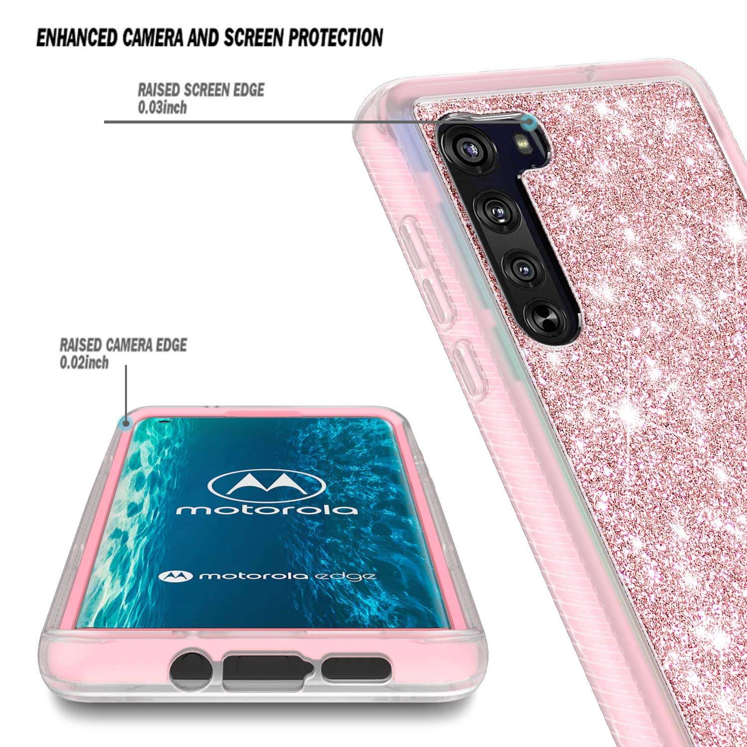 E-Began Motorola Moto Edge 5G Case, [Not Fit Motorola Edge+ Plus], Full-Body Shockproof Protective Bumper Cover, Support Wireless Charging, Impact Resist Durable Phone Case (Glitter Bling Rose Gold) 2