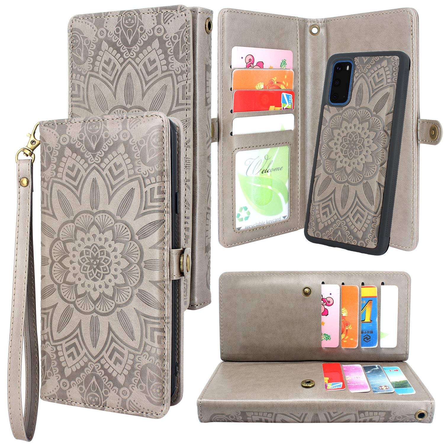 Harryshell Detachable Magnetic 12 Card Slots Wallet Case Shockproof PU Leather Flip Protective Cover Wrist Strap for Samsung Galaxy S20 6.2 inch (Flower Grey) 1
