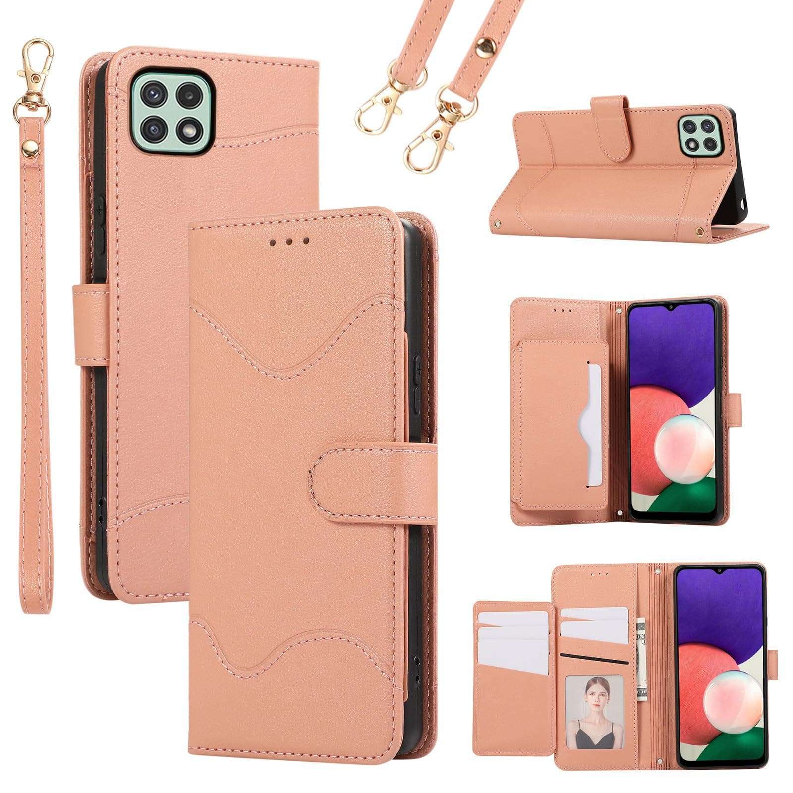Furiet Wallet Case for Samsung Galaxy A22 5G with Wrist Strap and Shoulder Strap Card Holder Stand Flip Stylish PU Leather 7 Card Slots RFID Blocking Phone Cover for A 22 22A A22s G5 Women Girls Pink