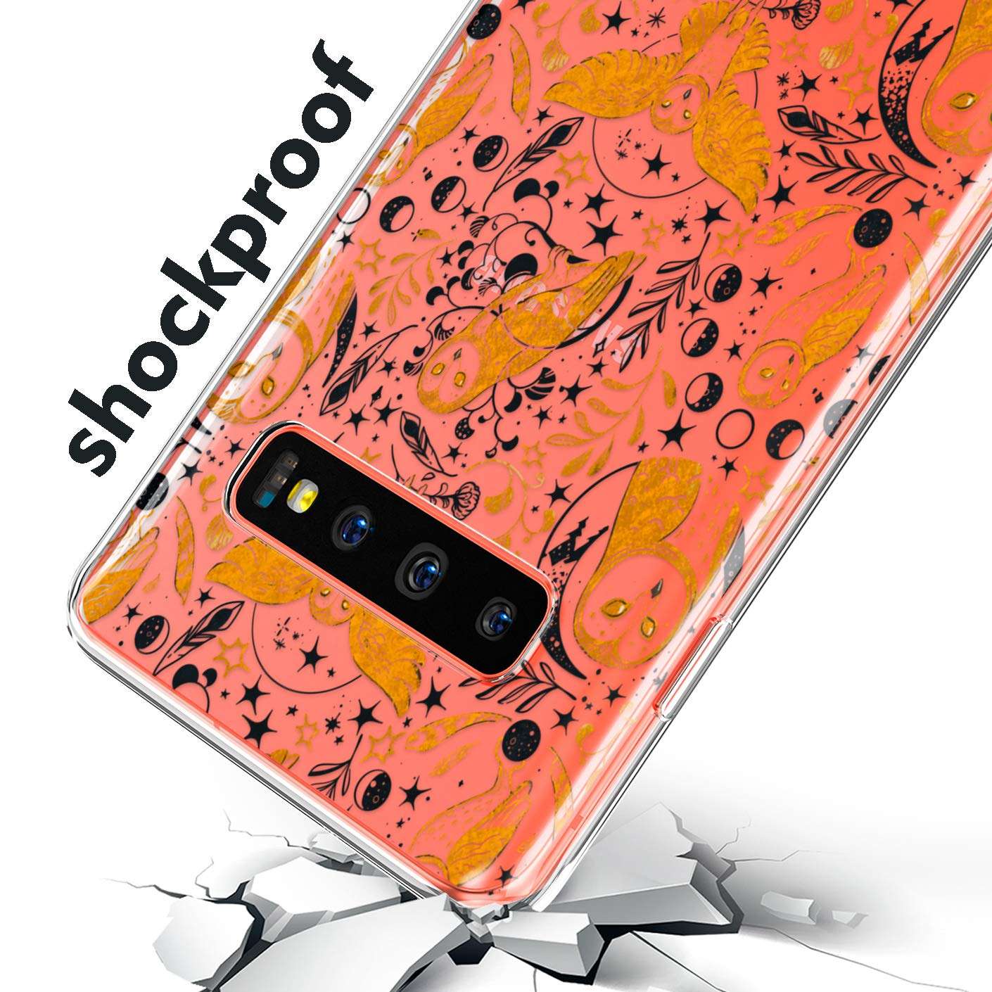 Lexary Altern TPU Case Compatible with Samsung Galaxy A72 A71 5G A70 A51 A50 A20 A11 A01 Gold Birds Slim Moon Phases Protective Silicone Boho Clear Cover Celestial Lightweight Print Barn Owls phh172 2