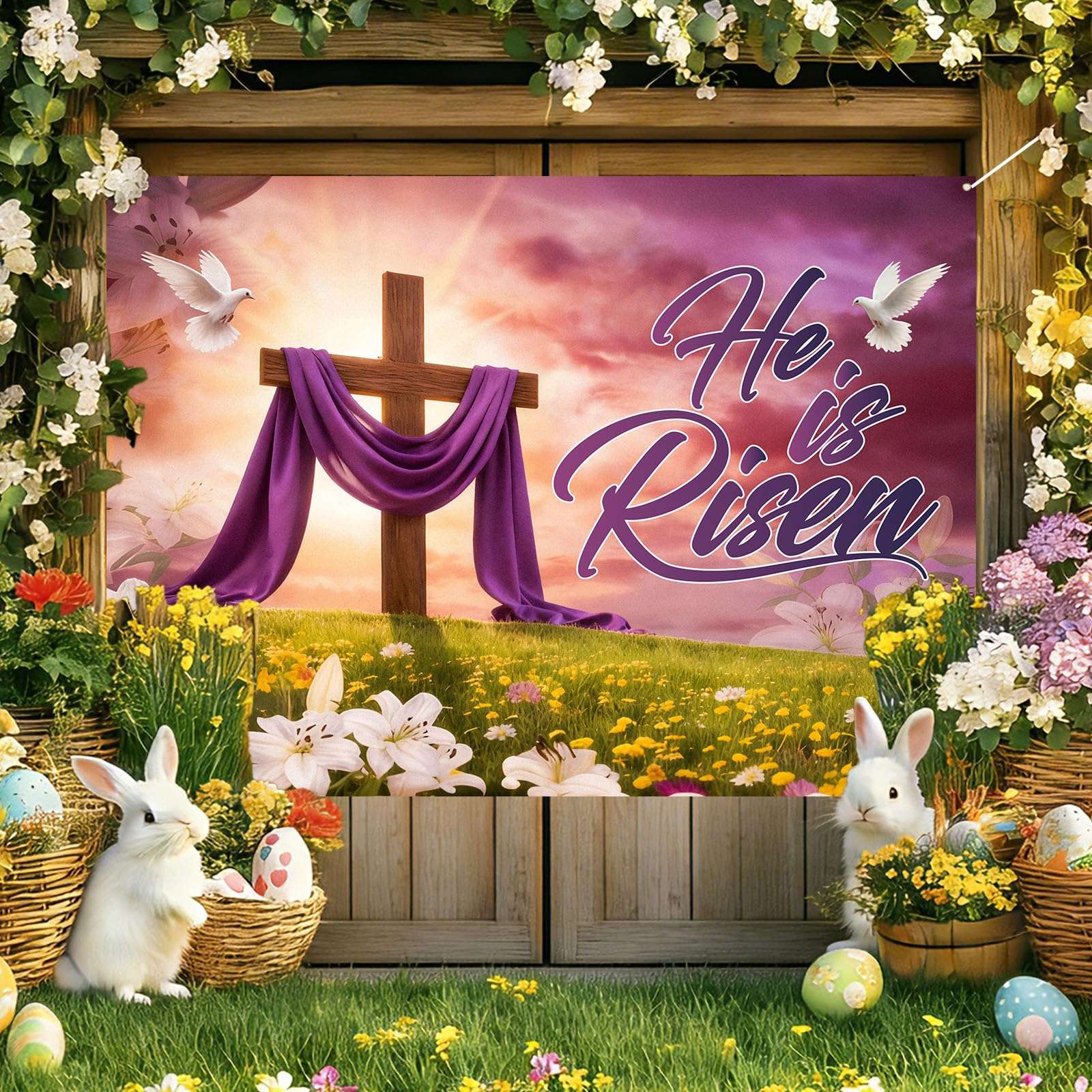 7x5ft Easter Backdrop He is Risen - Christian Religious Photography Background for Church, Sunday School, Easter Photo Booth Decor with Cross, Lilies and Dove 5