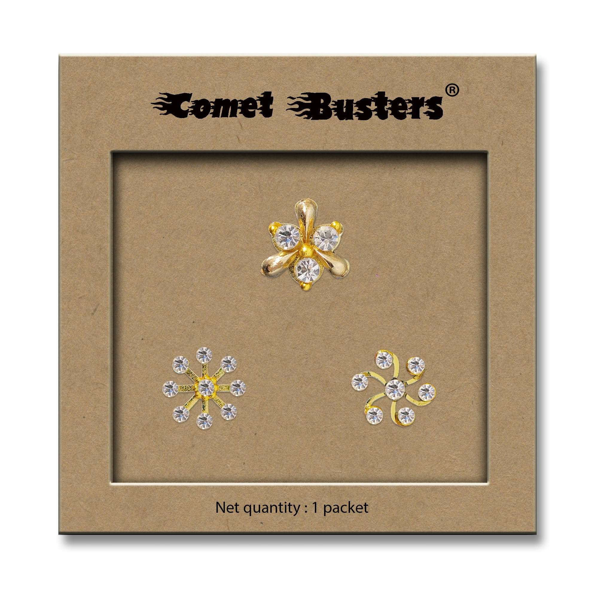 Comet Busters® Stick-On Nose Bindis – No Piercing – Golden Designer Floral Nose Studs – White Crystals – Reusable – Nose Pins for Women & Girls (ONS007) 4