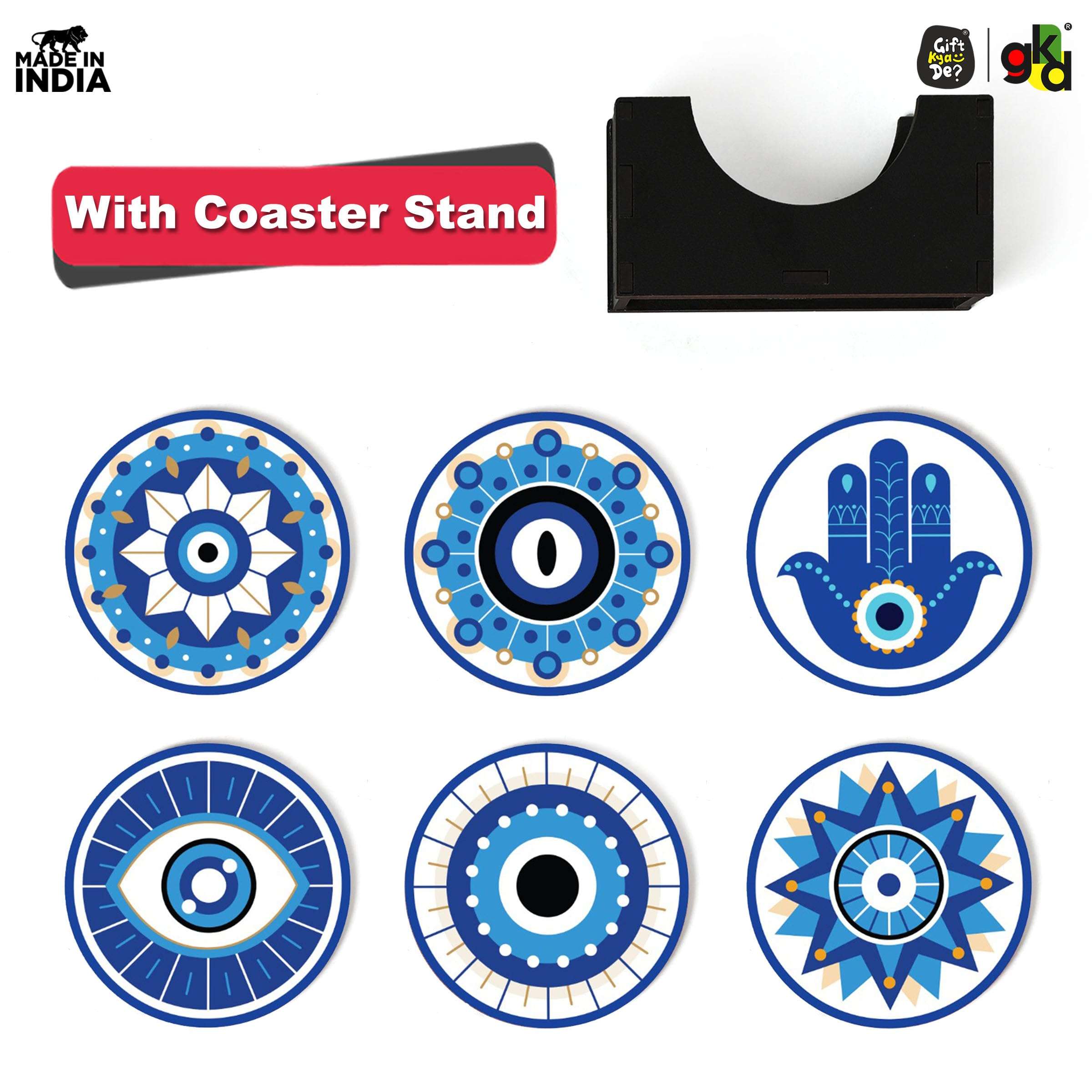 GKD Coaster Set of 6 Beautiful Wooden Evil Eye Theme Design Coasters with Proper Coaster Stand | Designer Coaster Set fit for Tea Cups, Coffee Mugs and Glasses | 6 pc Round 3.5 x 3.5 inch (Evil Eye) 3