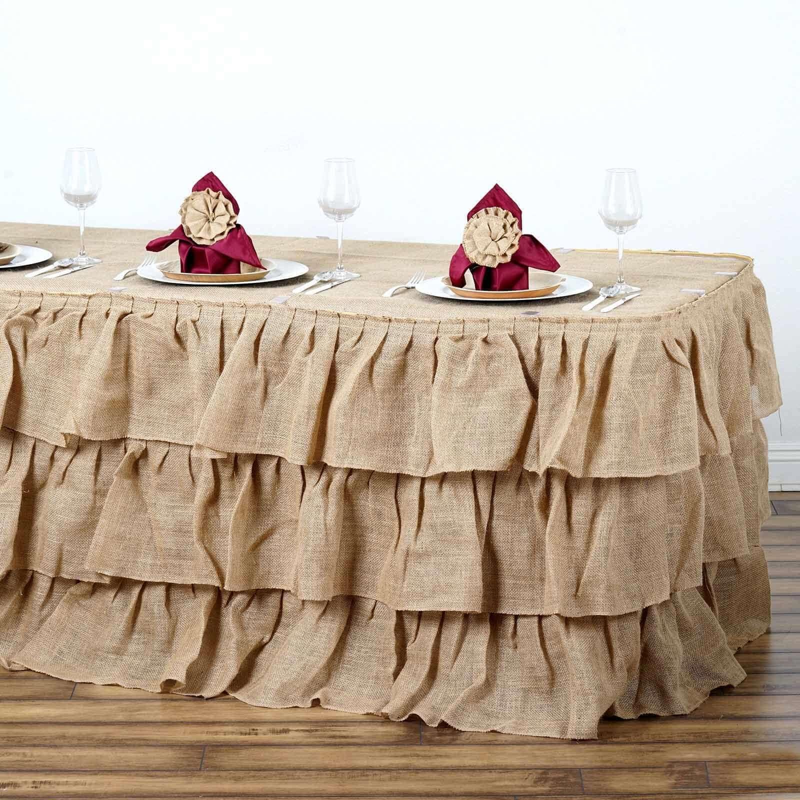 Efavormart 3 Tier Rustic Elegant Ruffled Burlap Table Skirt for Kitchen Dining Catering Wedding Party Decorations Events - 14 Ft