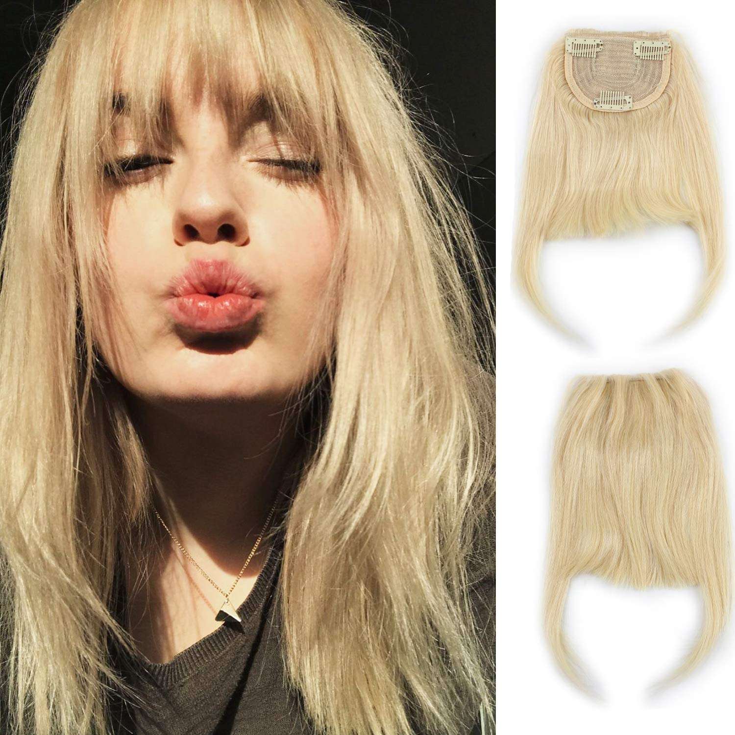 #613 Bleach Blonde: Sinoart Human Hair Front Clip-In Hair Bangs Full Fringe Short Straight Brazilian Virgin Human Hair Hairpieces Extensions For Women 6-8Inch (#613 Bleach Blonde)
