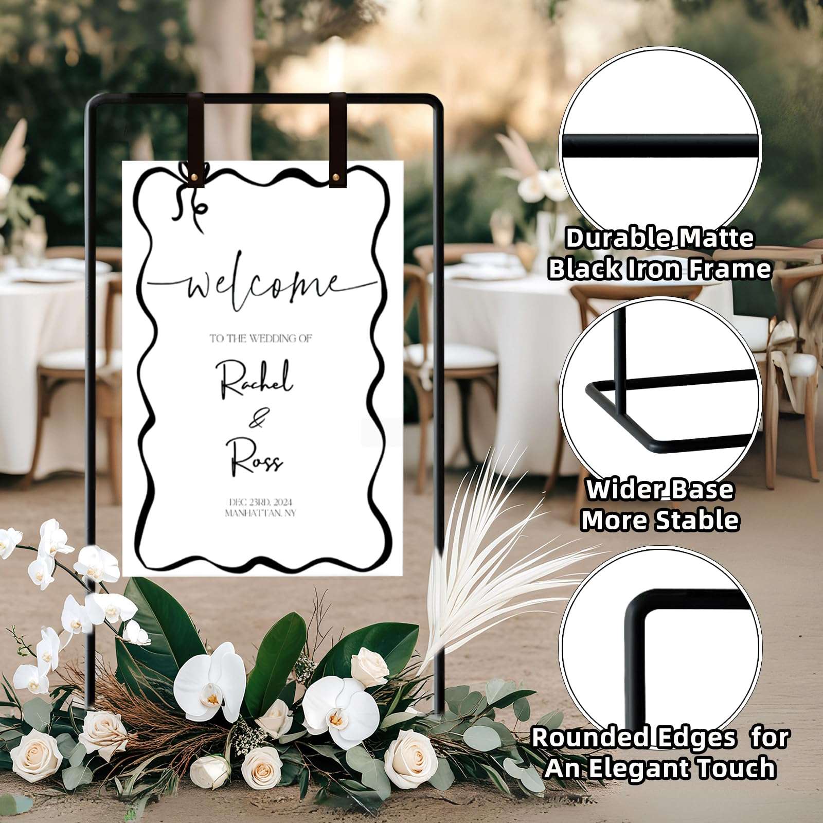 Wedding Sign Holder, Adjustable Welcome to Our Wedding Sign Stand W/Design Bundle & Leather Sign Hanging Straps, Heavy Duty Easel Stand for Sign, Wedding Seating Chart Stand, Easel for Display (Black) 6