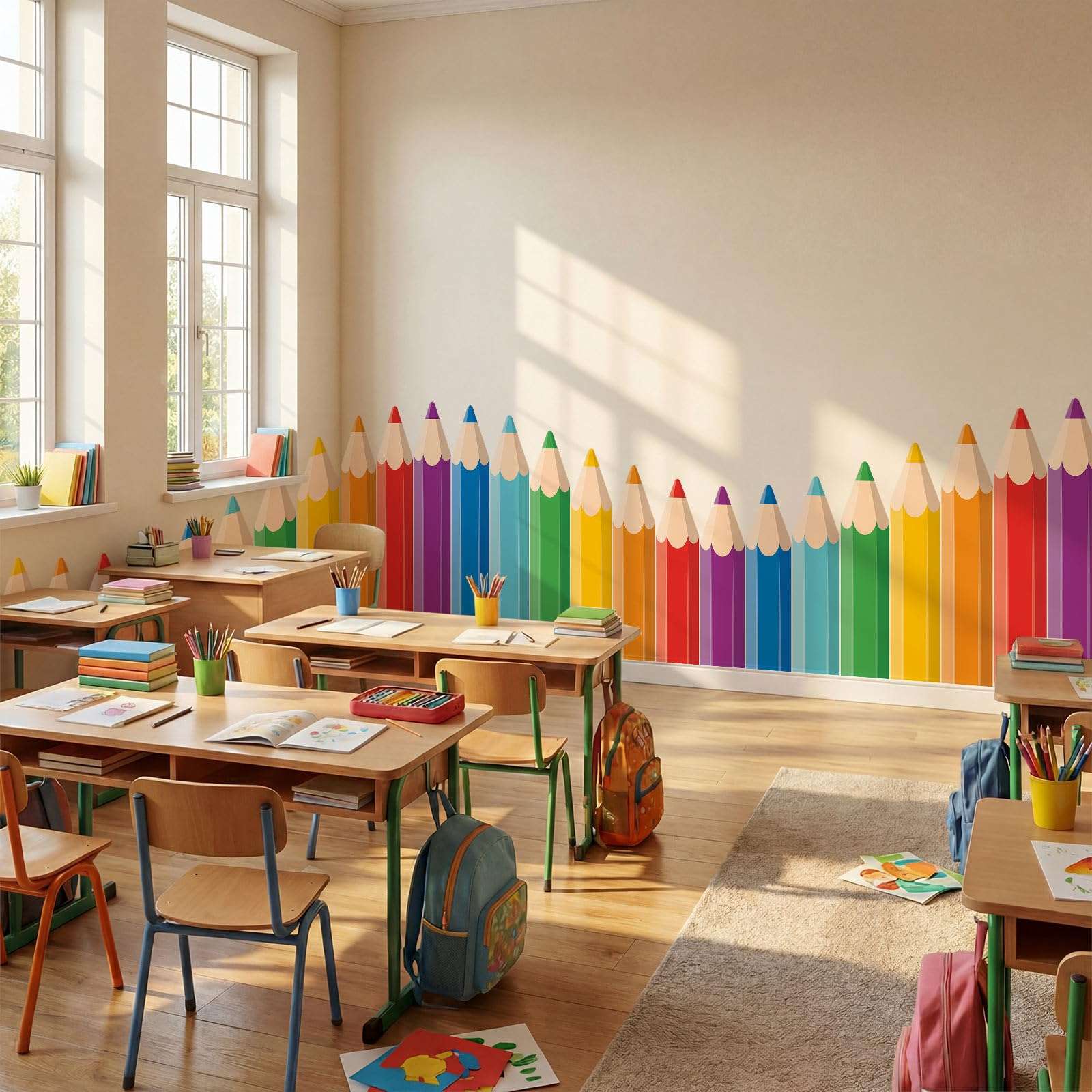 Gilprop 9.8 ft Colorful Crayon Classroom Wall Decor Fabric Back to School Classroom Wall Decoration Backdrop with Adhesive Dots Cuttable Crayon Bulletin Board Decoration for Preschool Graduation 5