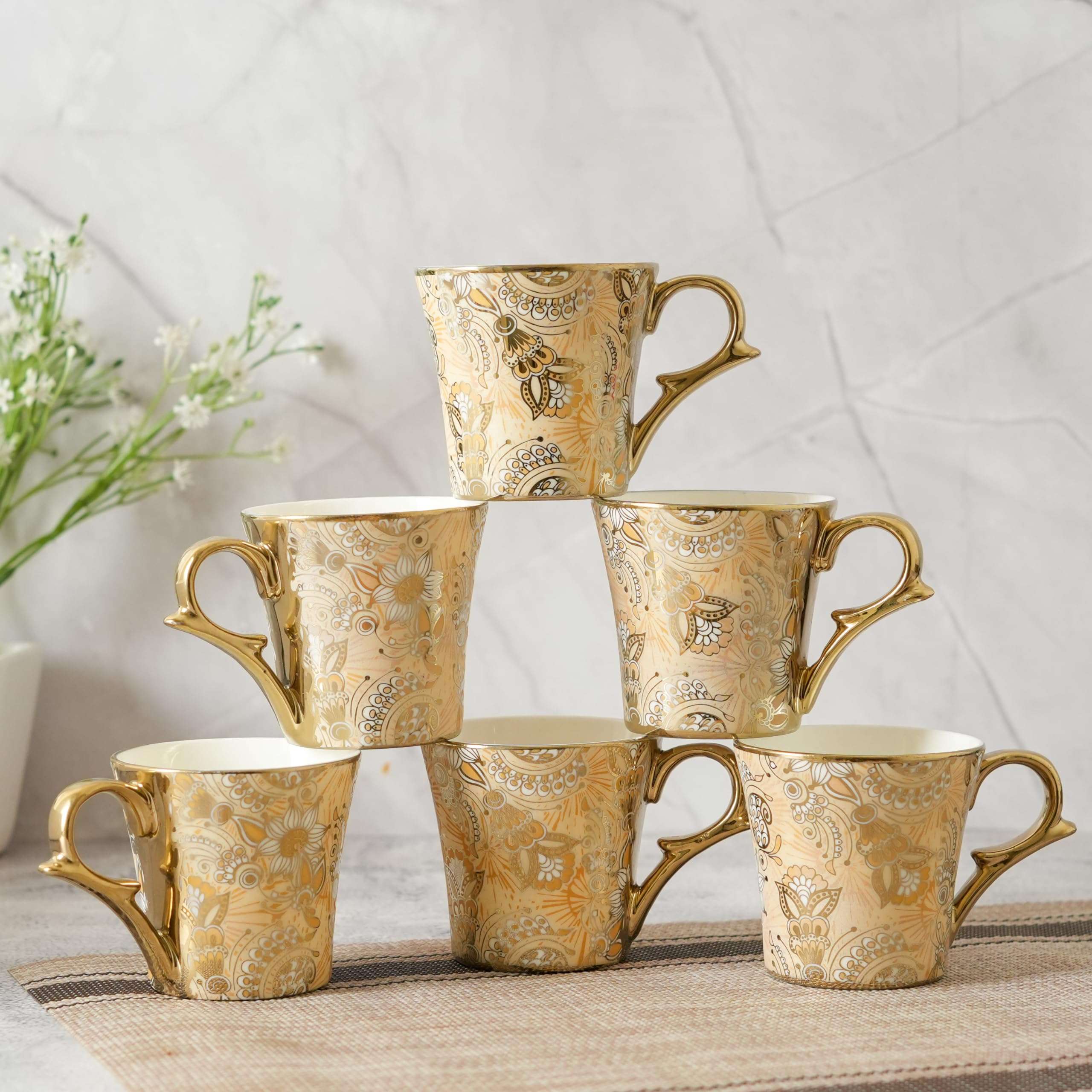 Femora Bridal Mahendi Gold Print Ceramic Tea and Coffee Mugs, (180 ml, Golden) - 6 Pcs Set (NOT Microwave Safe) 3