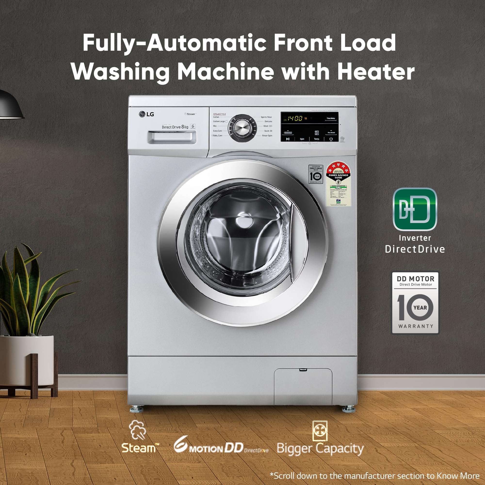 LG 8 Kg 5 Star Inverter Direct Drive Fully Automatic Front Load Washing Machine Appliance (FHM1408BDL, Steam, In-Built Heater, Touch Panel, Silver) 3