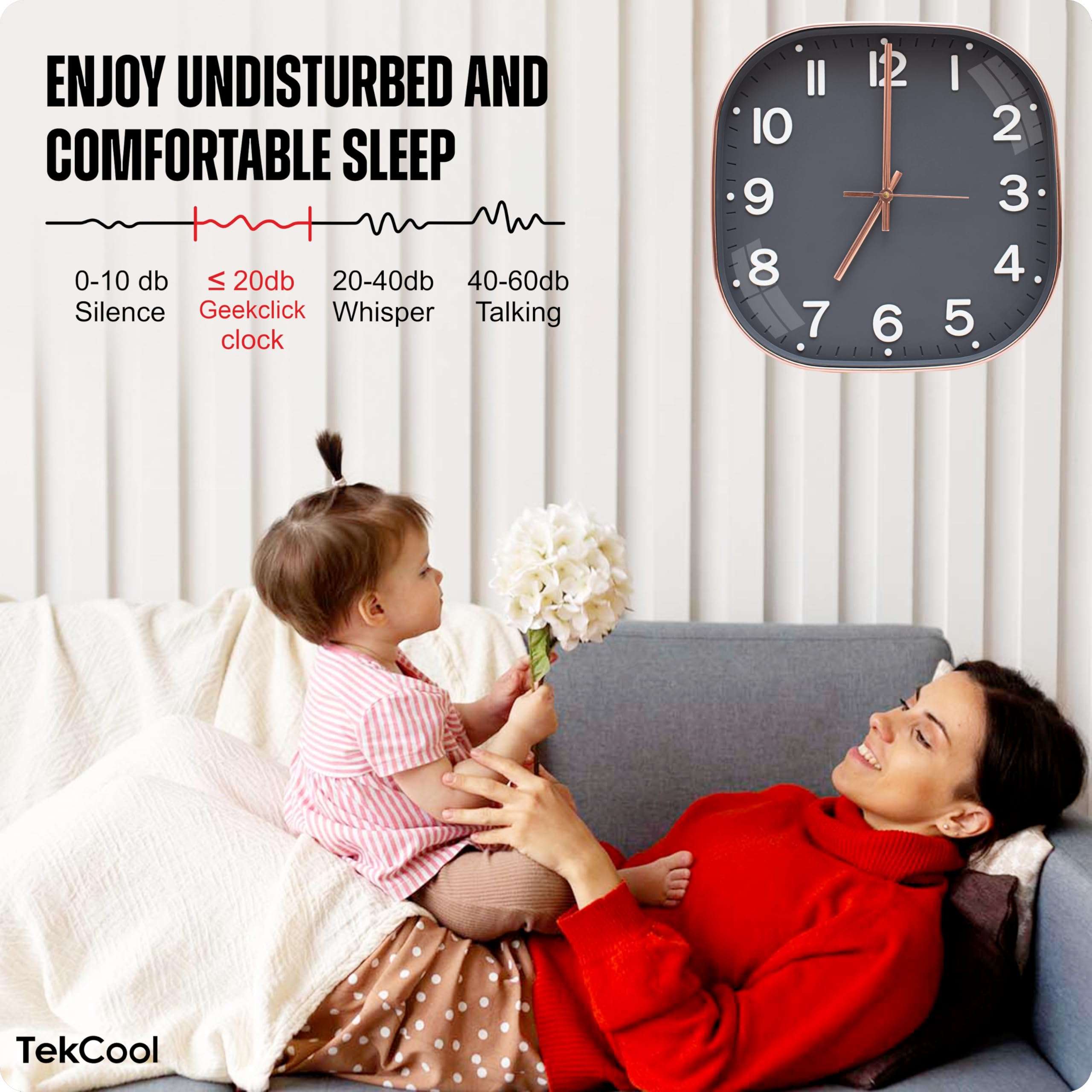 TEKCOOL Plastic Analogue Wall Clock 12" Silent Quartz Decorative Latest Wall Clock Non-Ticking Classic Clock Battery Operated Round Easy to Read for Room/Home/Kitchen/Bedroom/Ofice/School.Grey coper'' 3