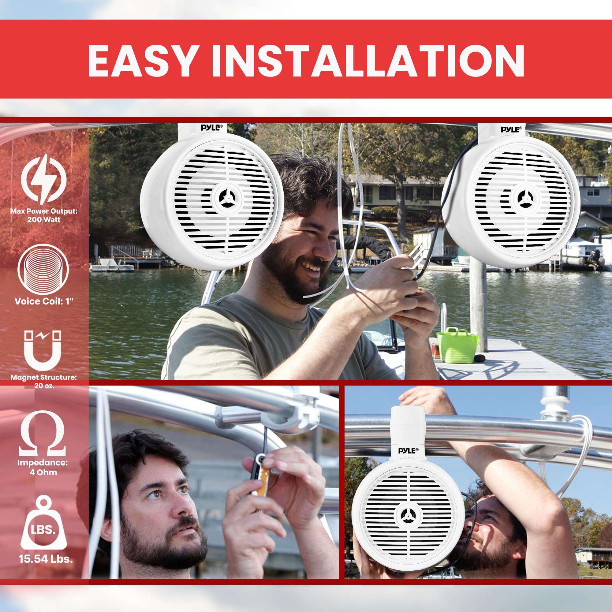 Pyle 6.5" Marine Wakeboard Speaker - 200W Waterproof 2-Way Mini Box System, LED Lights, Heavy Duty ABS Construction, Marine Grade Audio for Tubing and Roll-Cage Mounting (White) 5