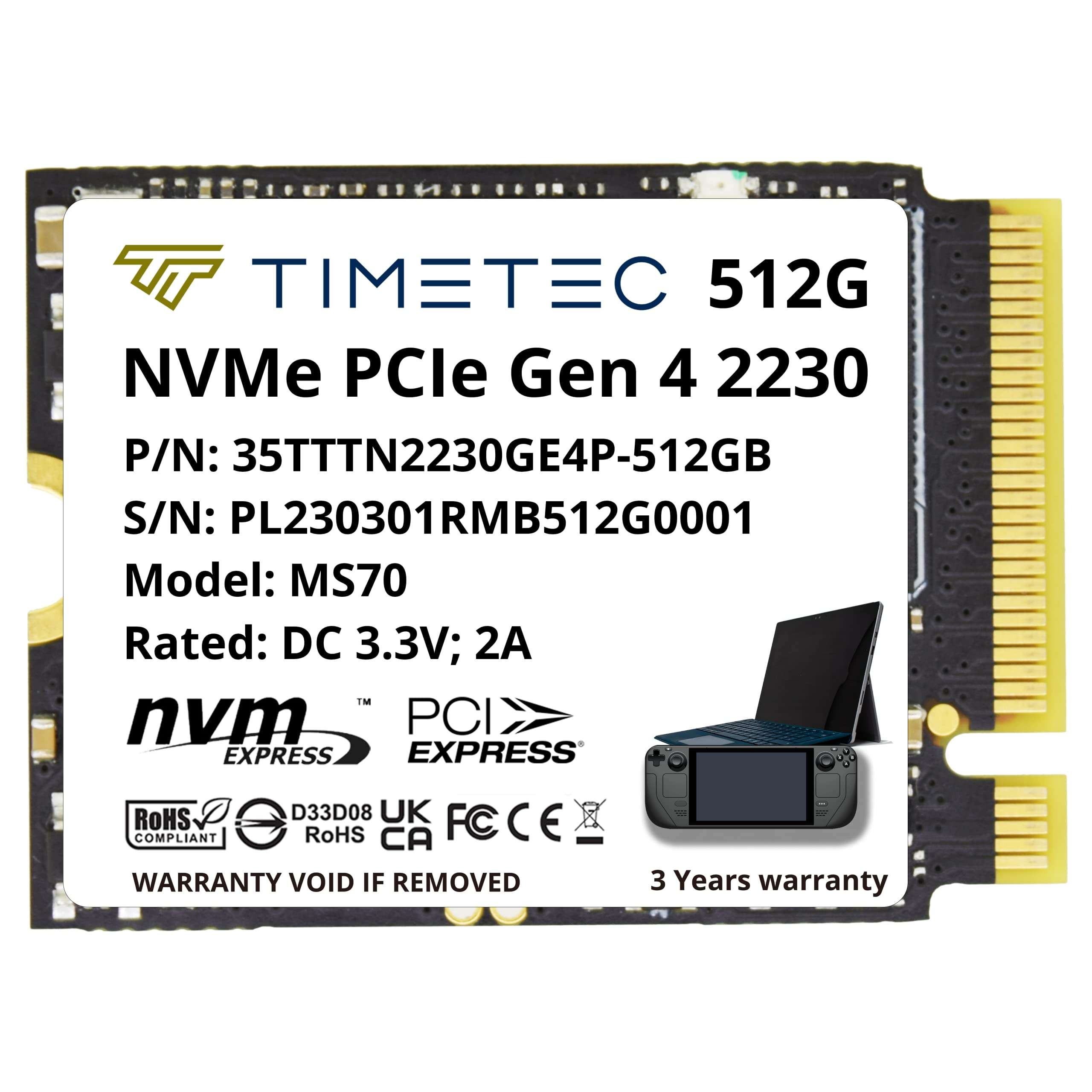 Timetec 512GB M.2 2230 SSD NVMe PCIe Gen4x4 Read Up to 4,800 MB/s Compatible with Steam Deck, ASUS ROG Ally, Microsoft Surface pro 9/ pro 8/pro 7+/pro X/laptop3/laptop4/laptop go/book3, Mini PCs 3