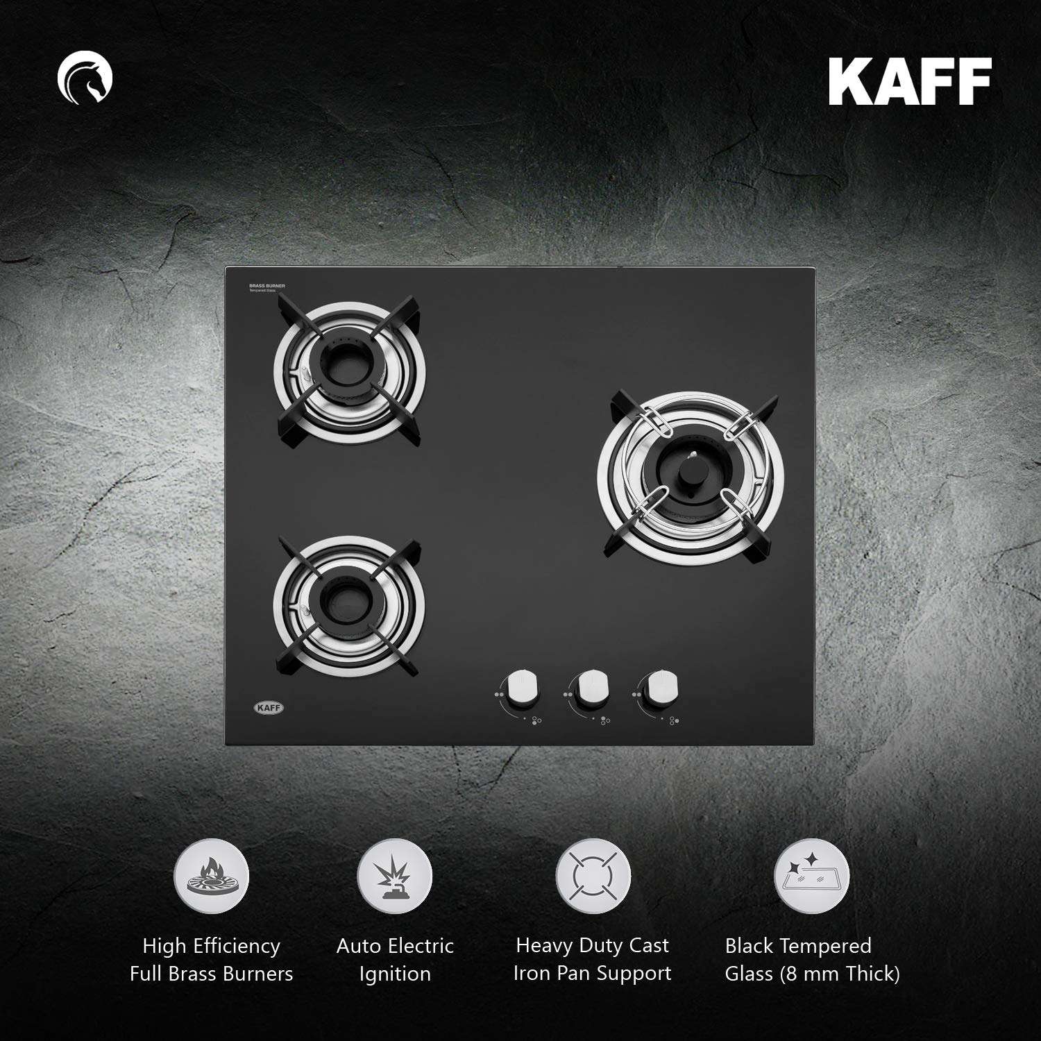Kaff HBR 603 Brass Auto Ignition 3 Burner Hob (60 cm, Black) 4