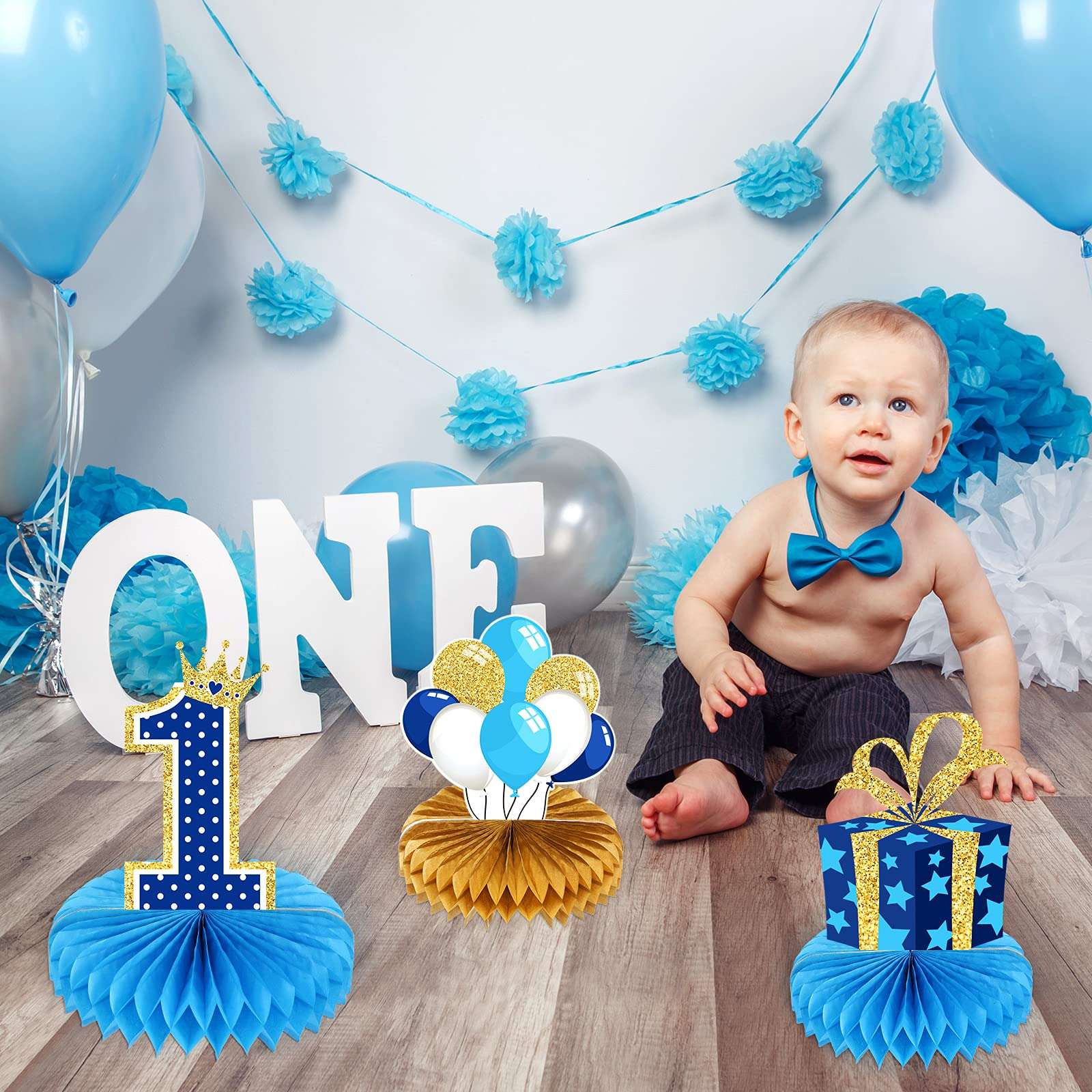 1st Birthday Boy Decorations Wild One Honeycomb Centerpieces First Birthday Table Toppers for Baby Boy First Birthday Party Favor Supplies Photo Booth Props, Blue and Gold, 8 Pieces 6