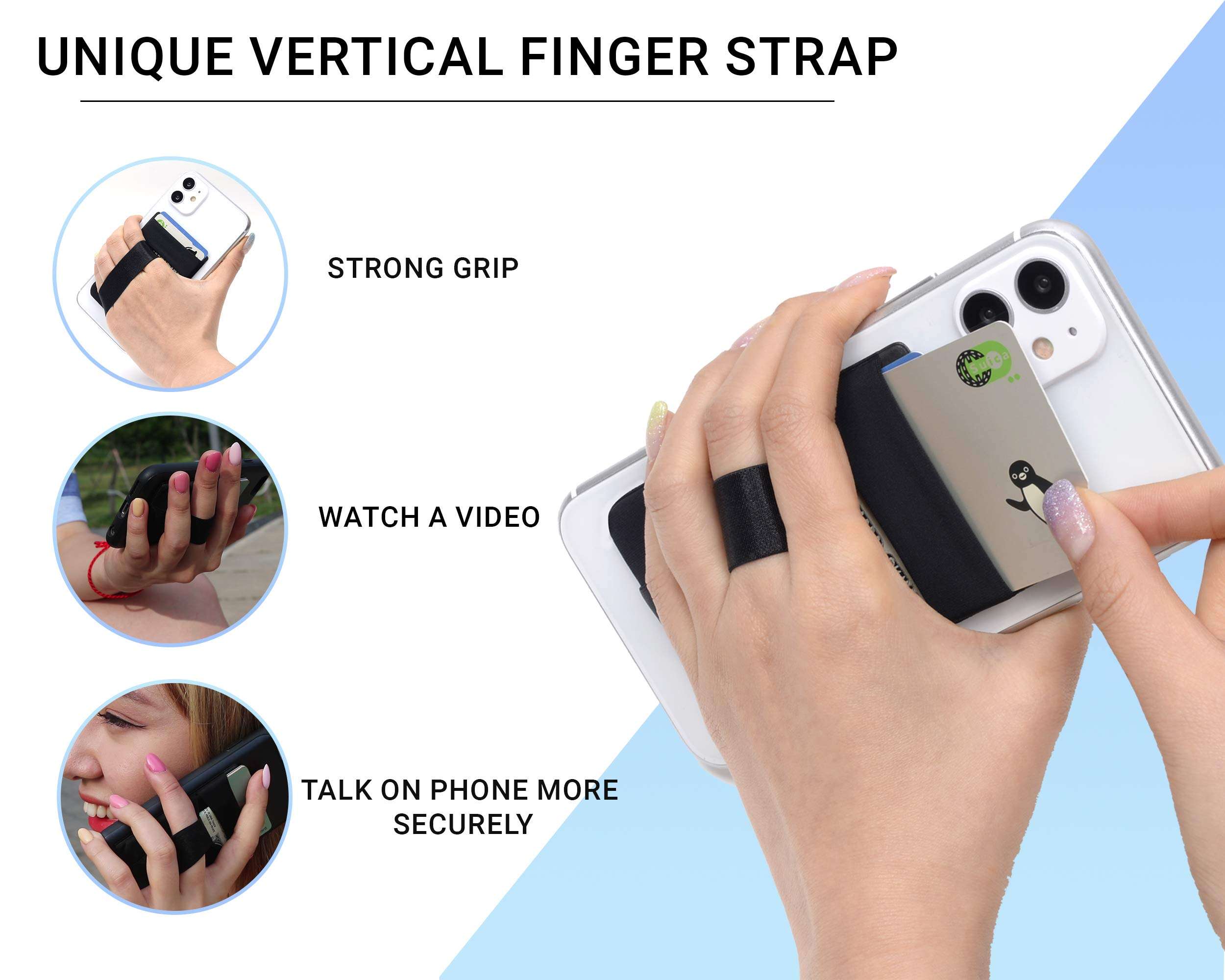 polifall Cell Phone Card Holder Stick On Wallet Sleeve Back - Double Pocket + Finger Grip Strap Loop + Metal Plate for Magnet Mount + RFID Block for iPhone, Galaxy, Android, Mobile - Black Marble 3