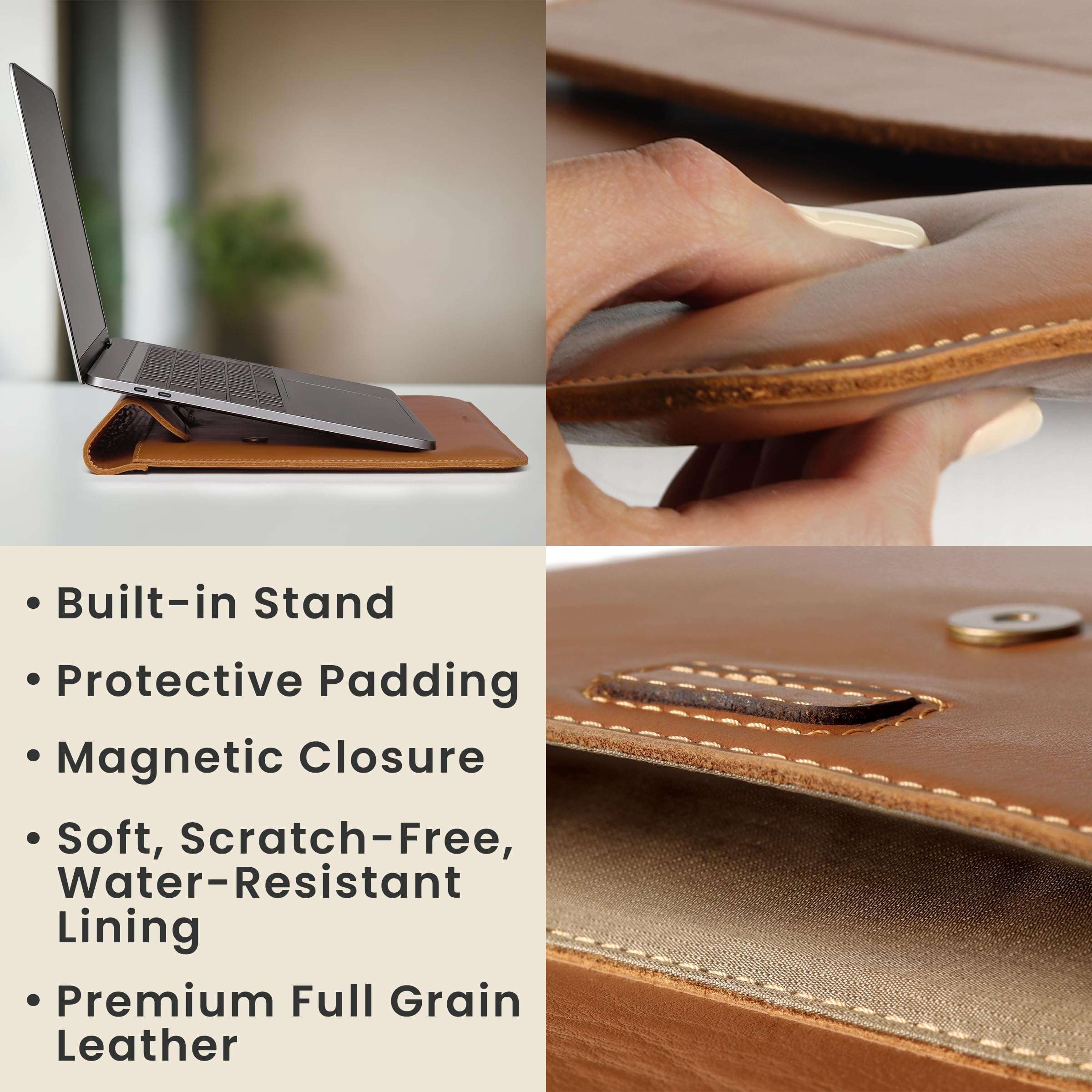 DAREhue 13" 14" 15" 16" Genuine Full Grain Leather Laptop Sleeve with Built-in Stand & Padding (Fits MacBook Air/Pro & Other 13.3/13.6/14.2/15.6 inch Laptops) (Toffe Brown, 13” - 14”) 3