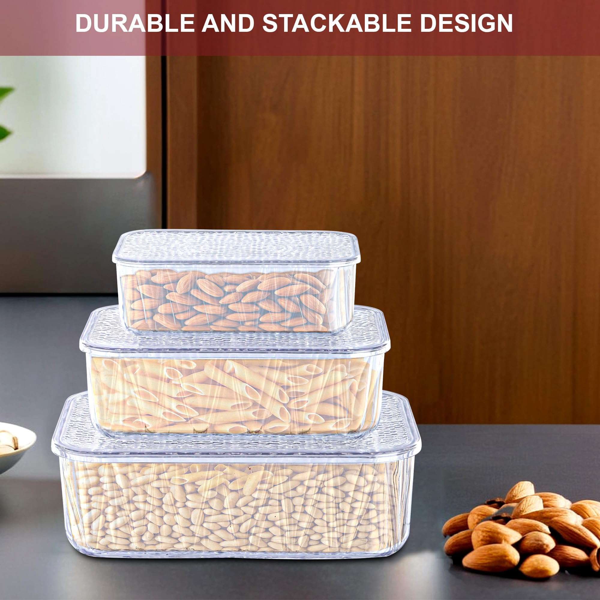 Kuber Industries 3 Pcs Acrylic 1200-2700-4600 ml Kitchen Food Storage Container for Home with Lid | Freeze Organizer Items and Storage Organizer Box for Snacks and Dry Fruits | Transparent 5
