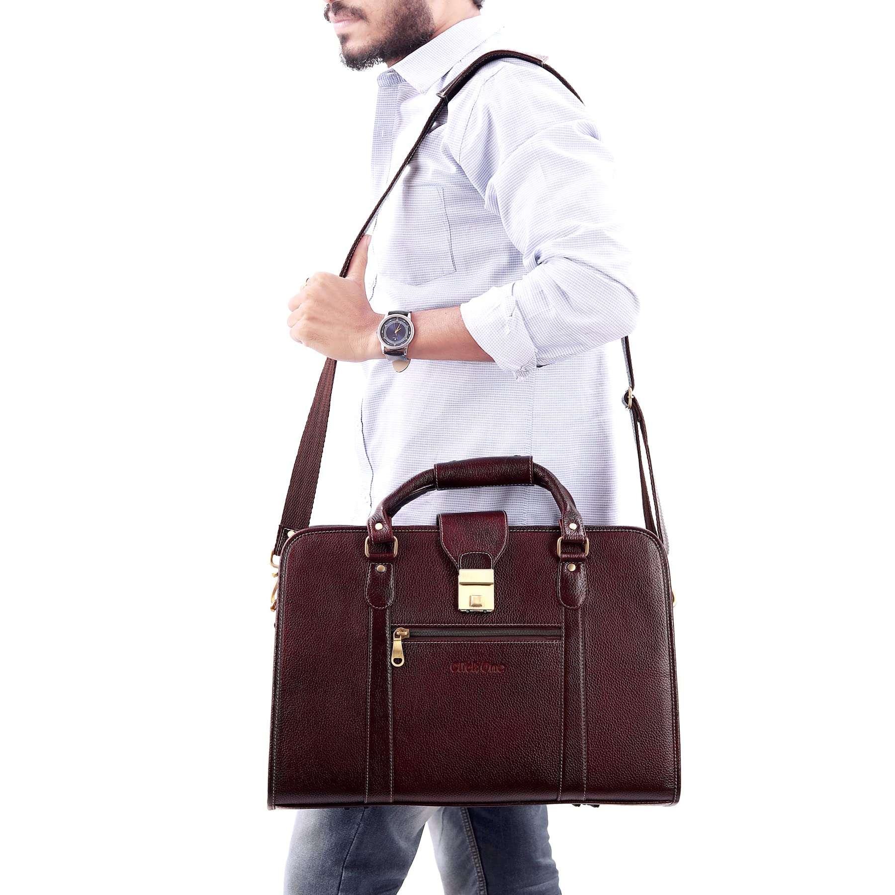 Click One Leather Accessories Men's Leather Shoulder Office Bags (BROWN) 3