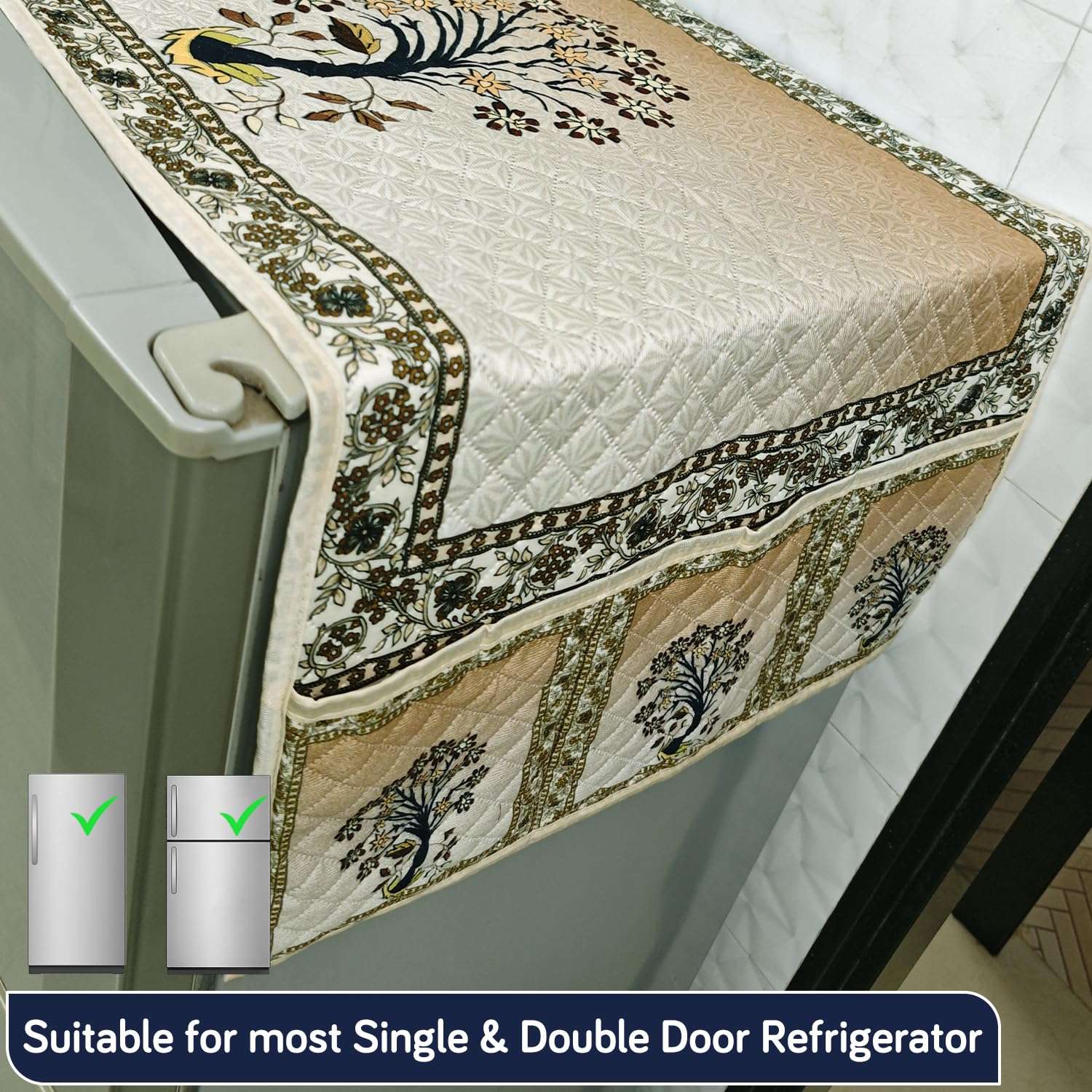HOKIPO 'Eternal Floral' Printed Quilted Fridge Cover Top with side Pockets, Size 55 x 130 cm, Ornate Tree (IN-841-D5) 3
