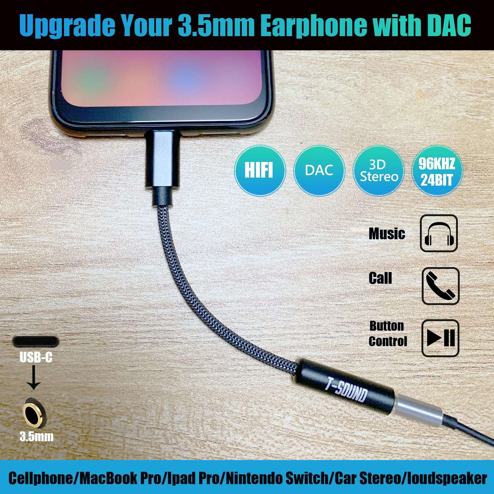 Headphone USB C Adapter，T-Sound USB Type C to 3.5mm Female Headphone Jack Adapter (Hi-Res DAC) Compatible with MacBook Pro, Google Pixel 2XL/3XL/iPad Pro/Huawei/Mozo Z3/HTC/Sony XZ2，Braided 3