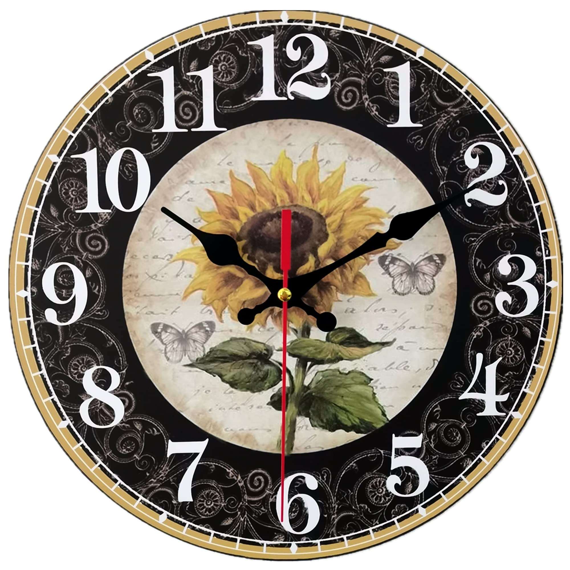 Qukueoy 12 Inch Sunflower Kitchen Wall Clock Rustic Farmhouse Clocks, Thick Wood Home Decor Sunflowers for Bedroom, Office, Dinning Room, Silent Battery Operated (Black) 1