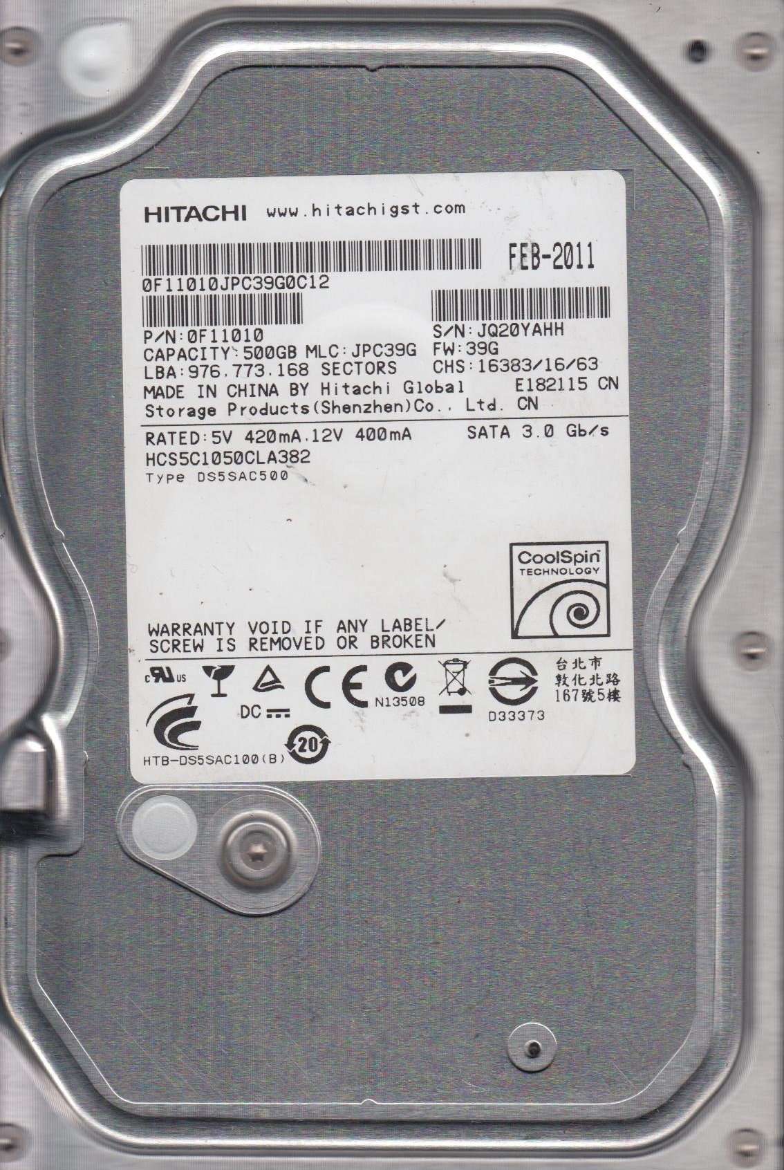 HCS5C1050CLA382, PN 0F11010, MLC JPC39G, Hitachi 500GB SATA 3.5 Hard Drive 3