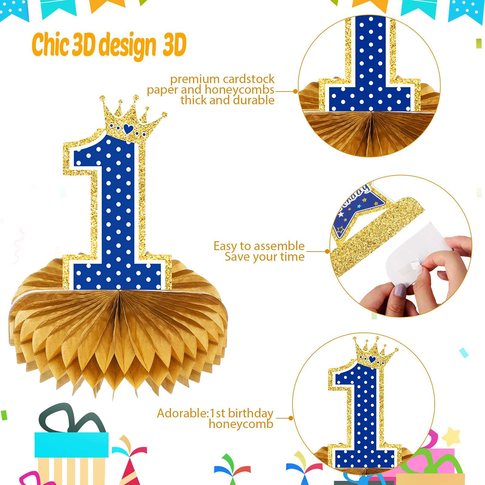 1st Birthday Boy Decorations Wild One Honeycomb Centerpieces First Birthday Table Toppers for Baby Boy First Birthday Party Favor Supplies Photo Booth Props, Blue and Gold, 8 Pieces 2