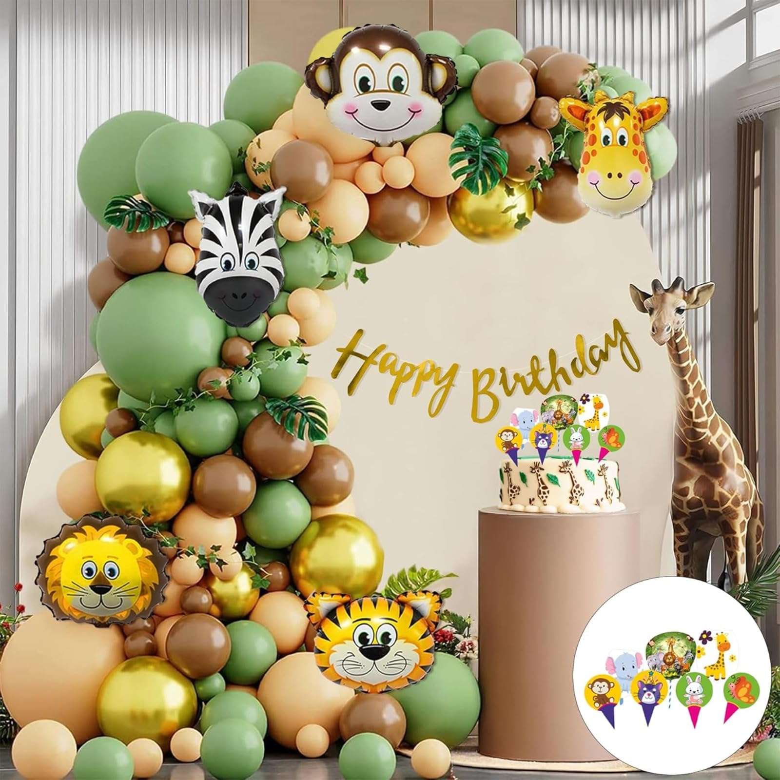 Special You Jungle Theme Birthday Decoration kit for Boys, Girls with Olive Green, Peach, Retro Brown Balloons, Animal Foil Balloons for Decoration, Jungle Cake Topper, Birthday Decor Items- 65 Pcs 1