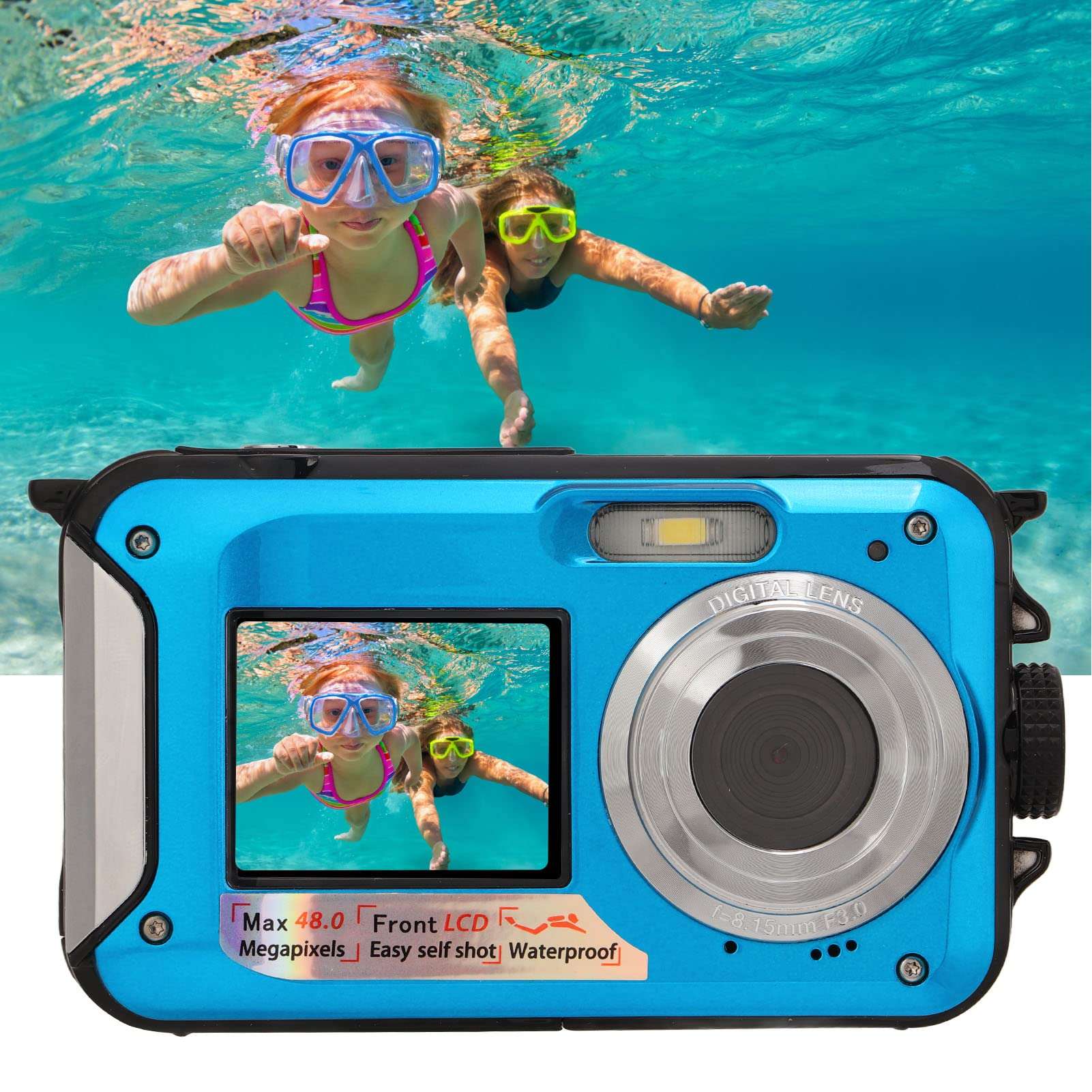 Boxwizard Full HD 2.7K 48MP 10ft Waterproof Underwater Digital Camera 16X Digital Zoom Front Rear Double Screens Waterproof Digital Camera (Blue), Boxwizardzakner1730-13 6