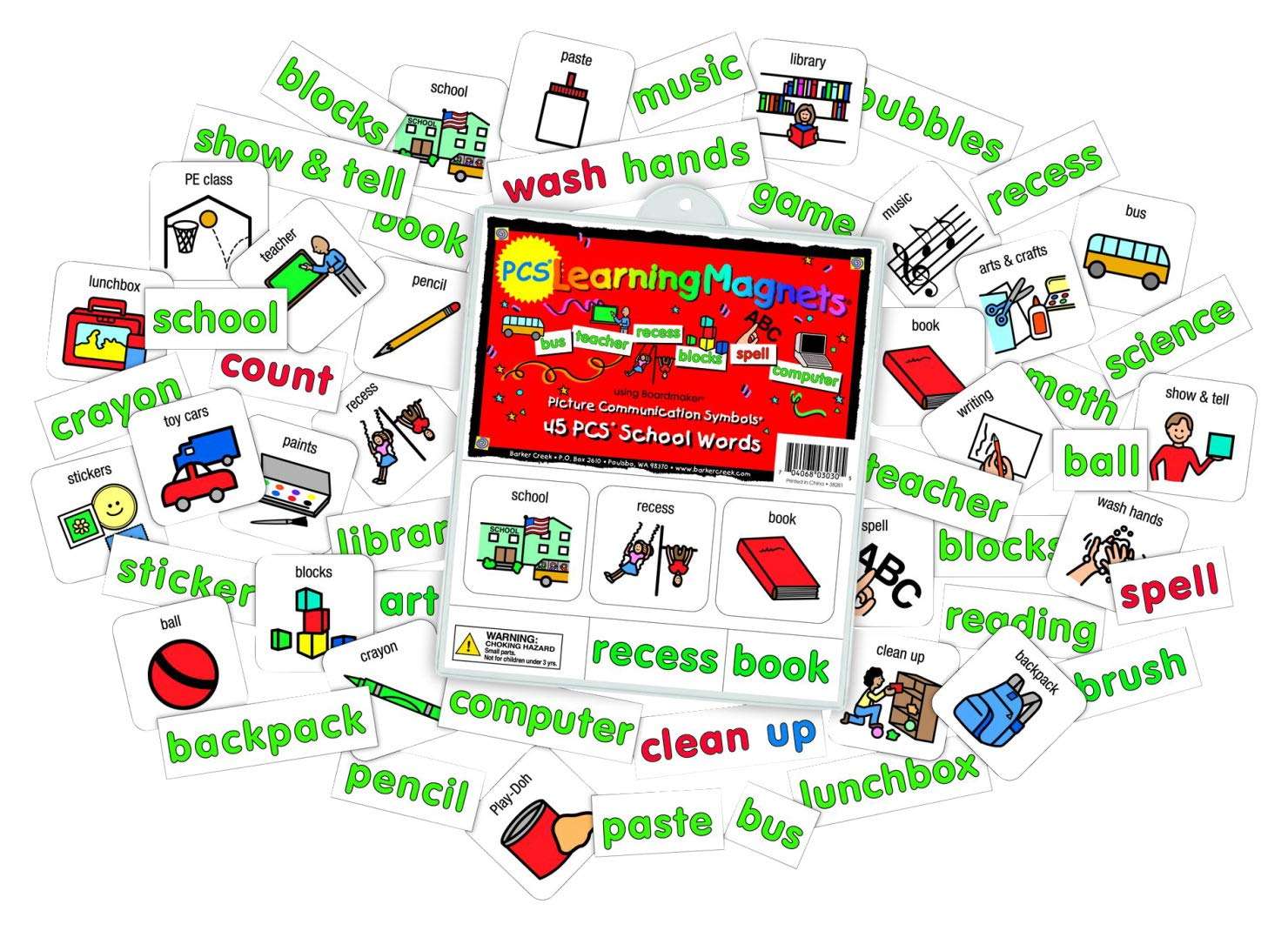 Barker Creek Learning Magnets, School Words, for Children, 45 Picture Communication Symbol Magnets and 90 Companion Word Magnets (3030)