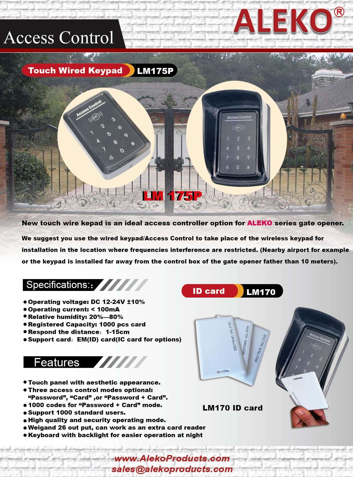 ALEKO LM175P 12/24V DC Universal Touch Panel Wired Keypad Code or ID Card Access 4