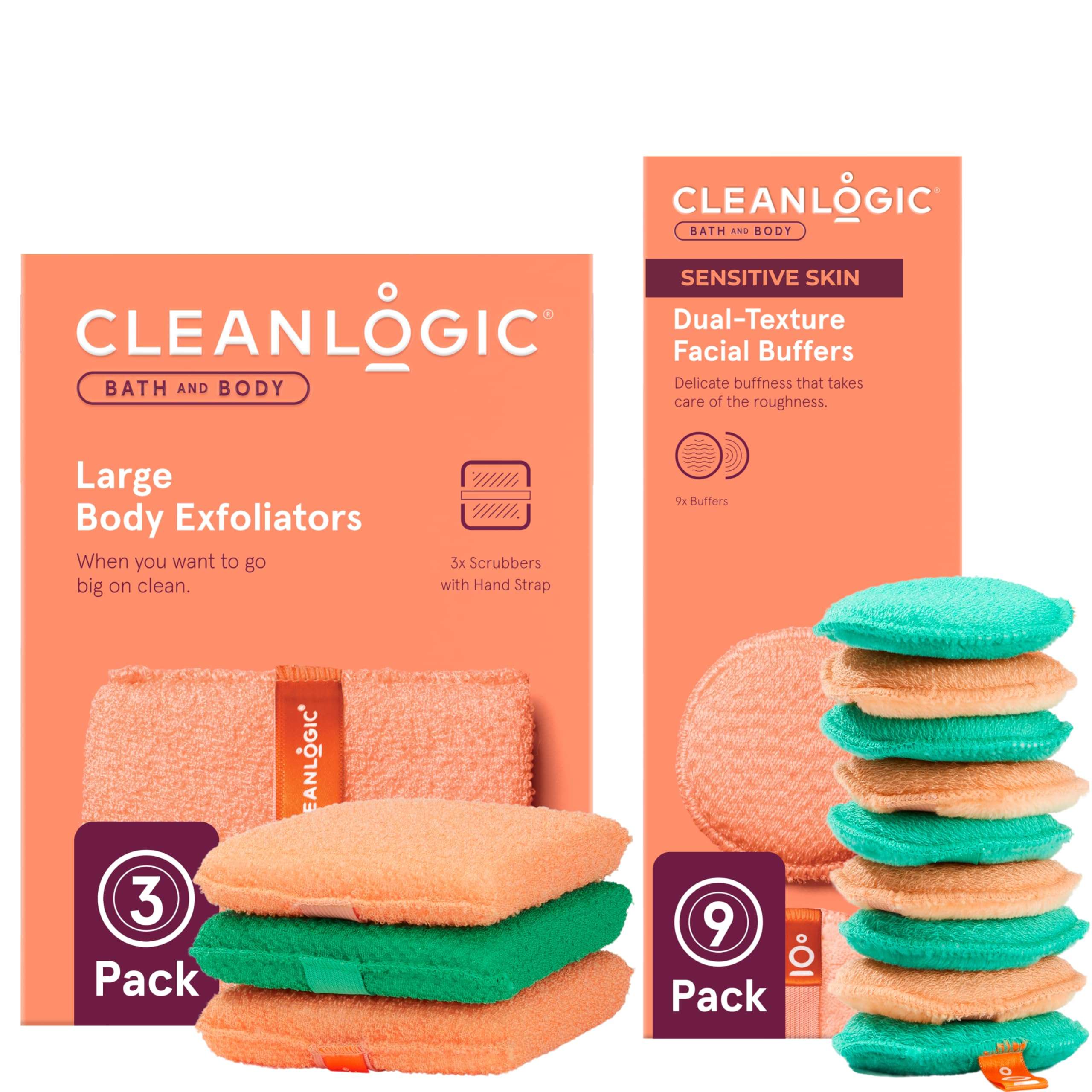 Cleanlogic Exfolaiting Face & Body Scrubber Combo Kit – 9 Facial Sponges + 3 Large Body Exfoliators, Sensitive Skin-Friendly, Makeup Removal & Smoothing, Assorted Colors 1