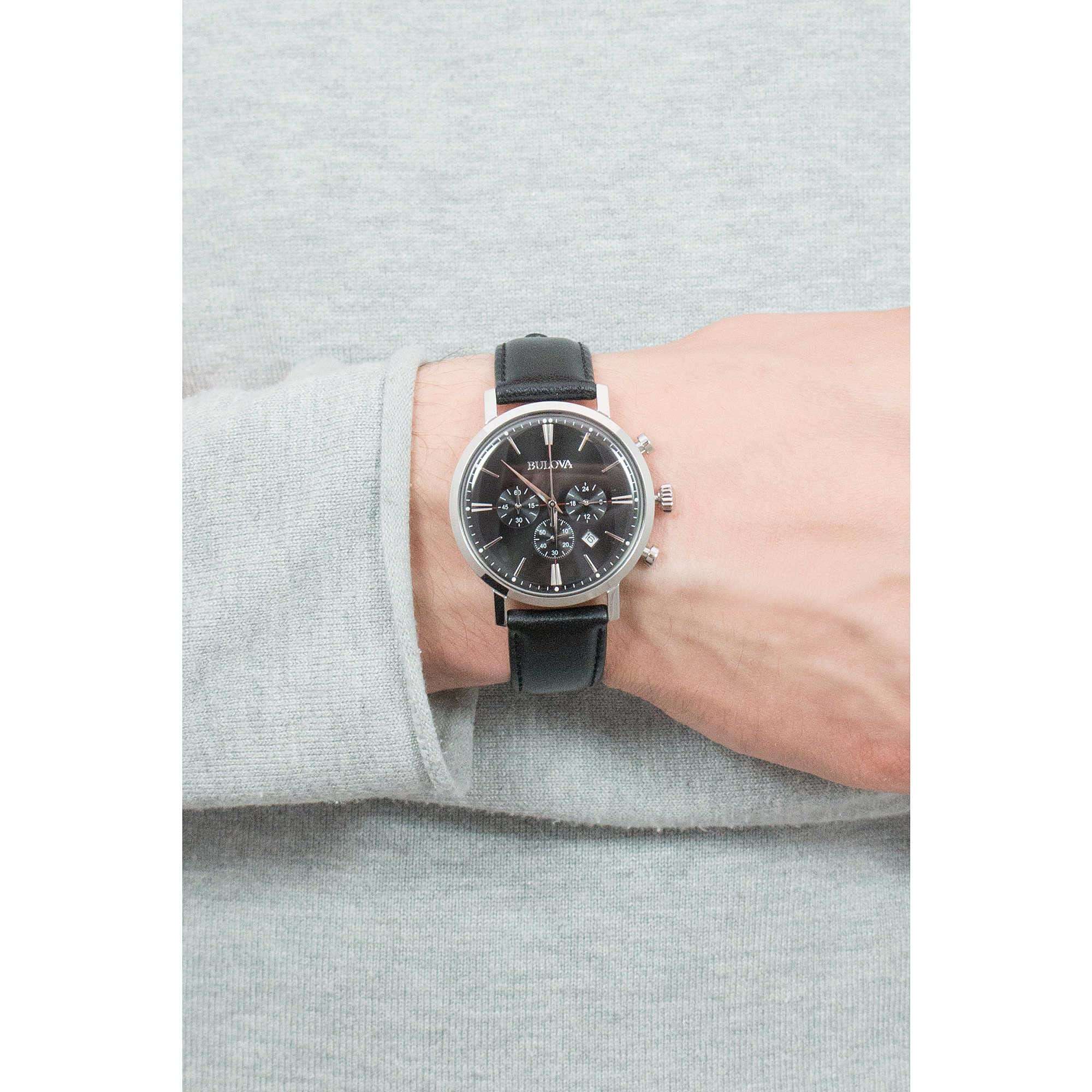 Bulova Men's Classic Aerojet Stainless Steel 6-Hand Chronograph Watch with Black Leather Strap, 41mm Style: 96B262 4