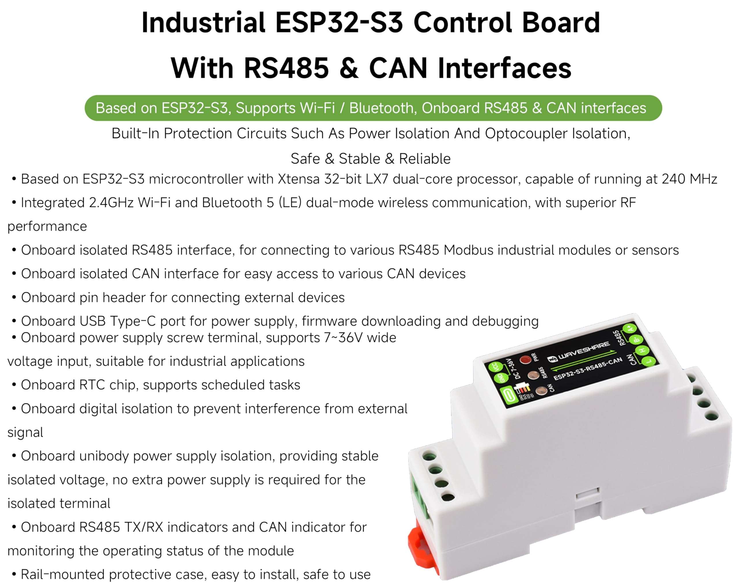 Industrial ESP32-S3 Control Board with RS485 and CAN Communication Interfaces, Supports Wi-Fi /Bluetooth, Better for RS485 Modbus Modules or CAN Devices, Built-in Protection Circuits, Safe & Stable 3