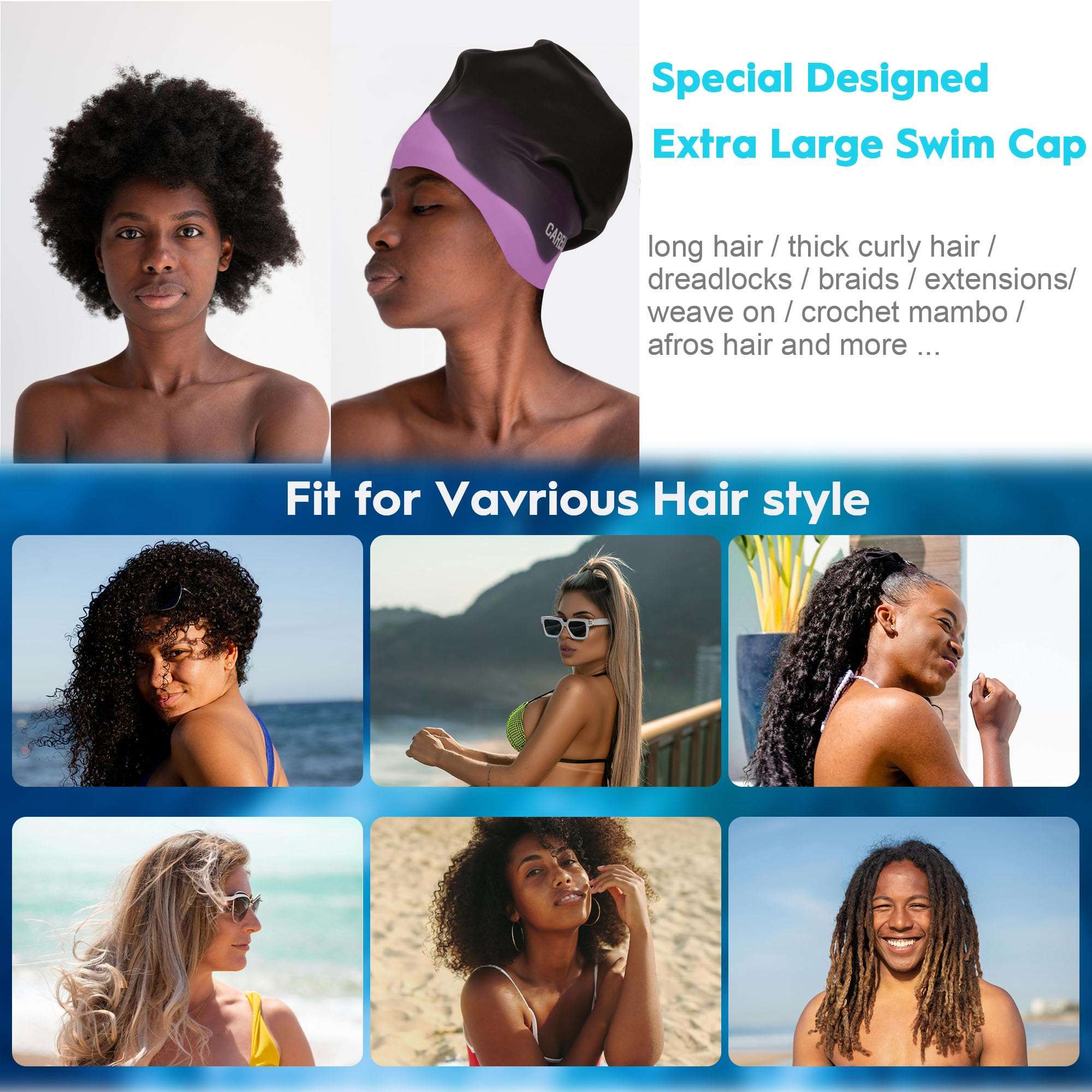 Extra Large Swim Cap for Long Hair Women Men Youth - Waterproof Silicone Swimming Cap for Braids and Dreadlocks Weaves, Hair Extensions, Curls & Afros, Swim Hats Keep Hair Dry, Easy to Put On and Off 3